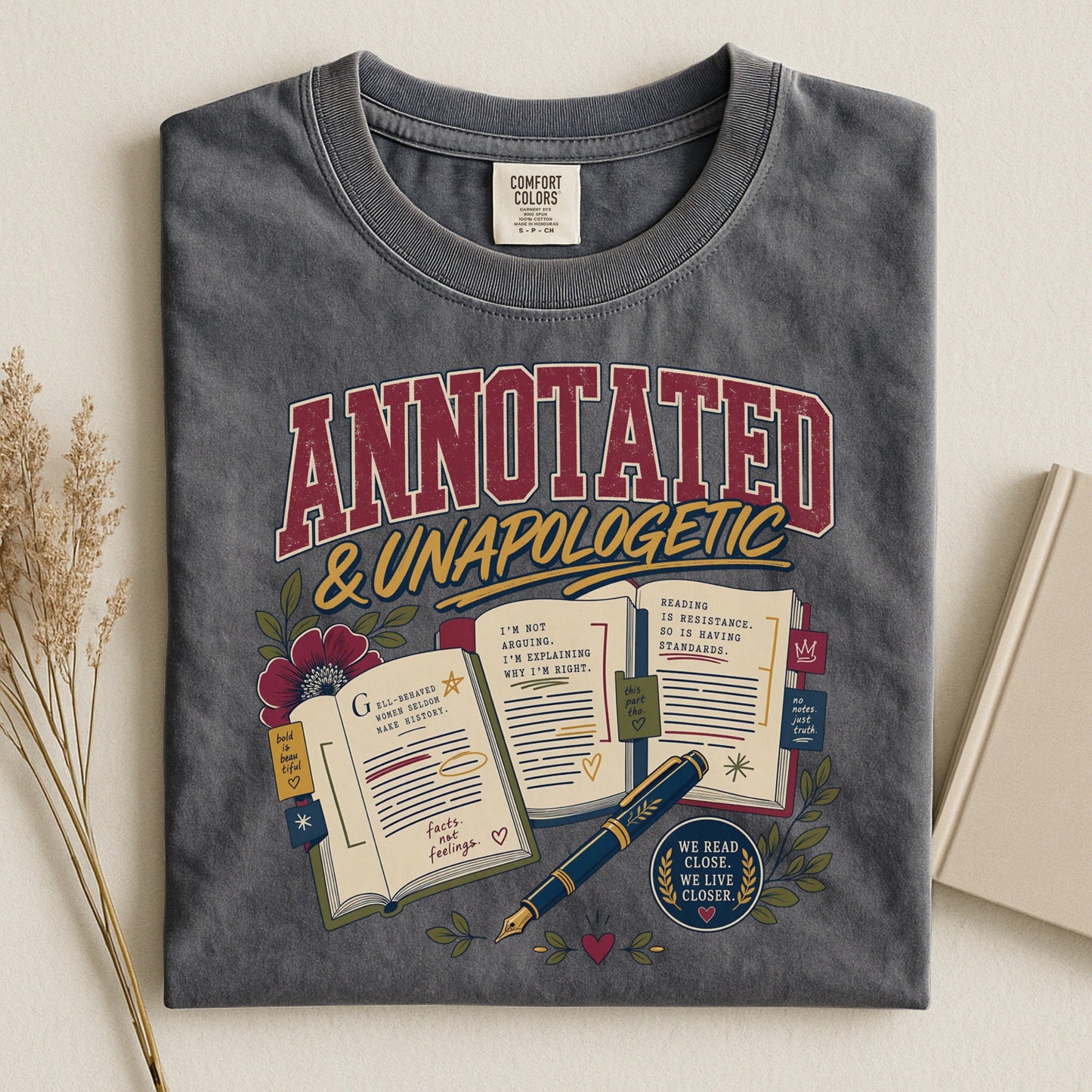 Annotated & Unapologetic bookish tee in Pepper, flat lay