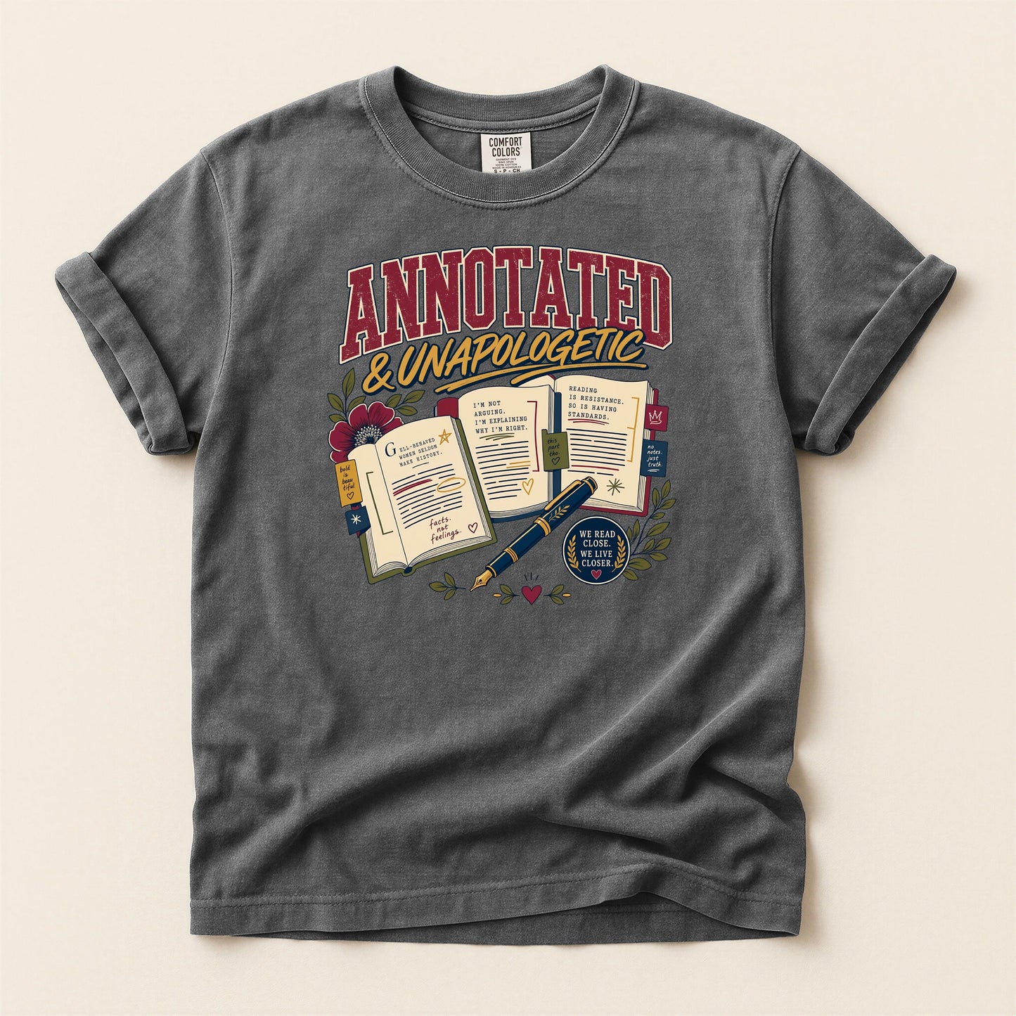 Annotated & Unapologetic bookish tee in Pepper, full flat