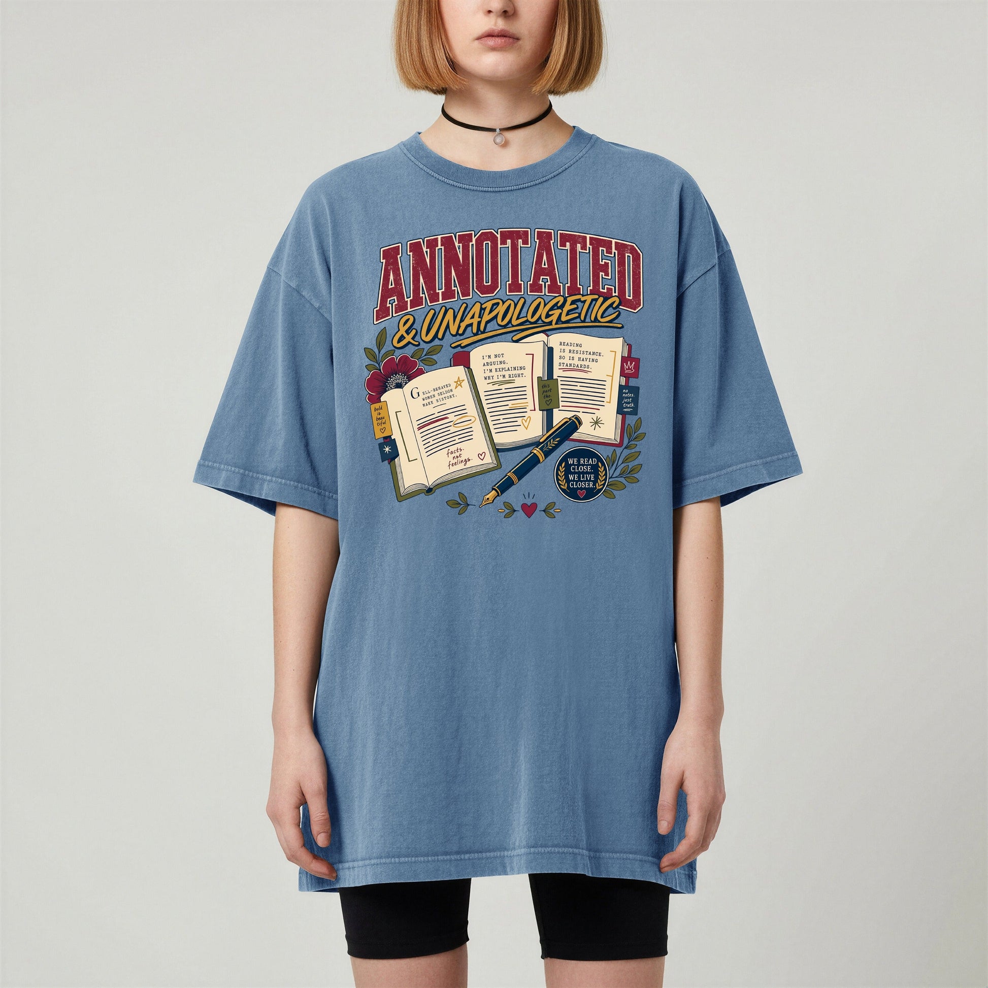 Annotated & Unapologetic bookish tee in Blue Jean, worn