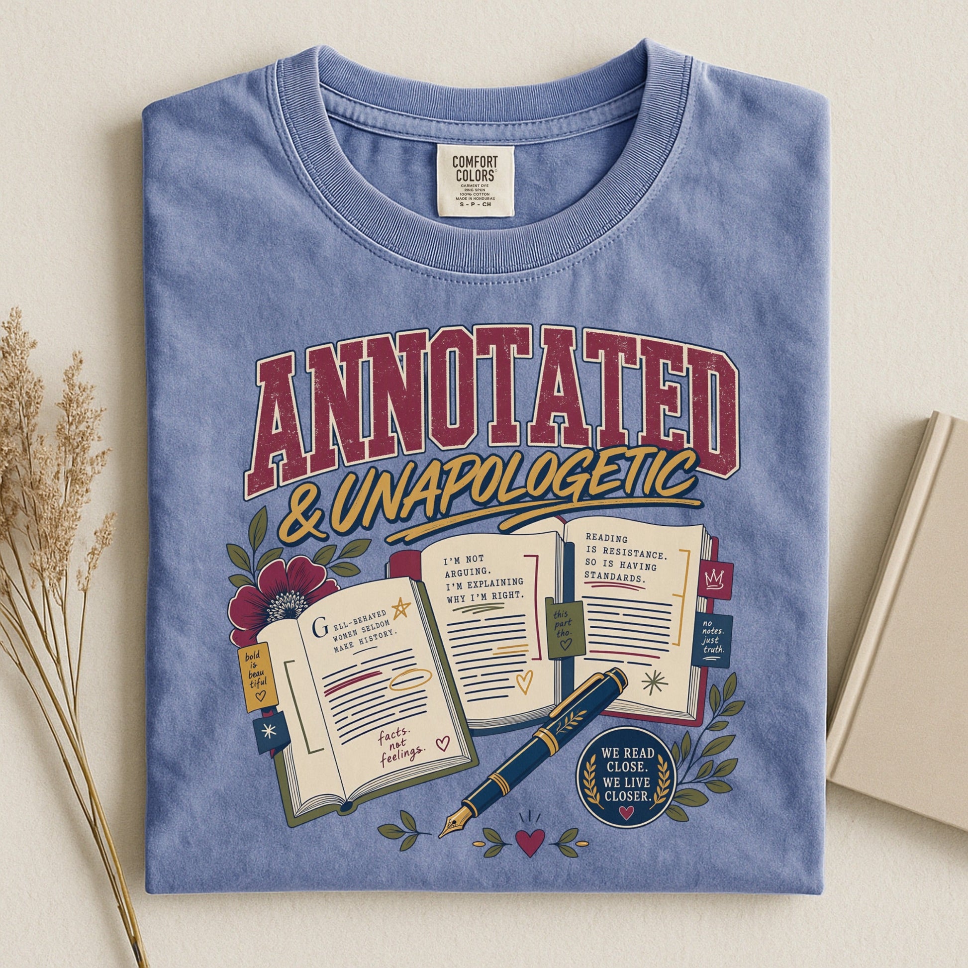 Annotated & Unapologetic bookish tee in Blue Jean, flat lay