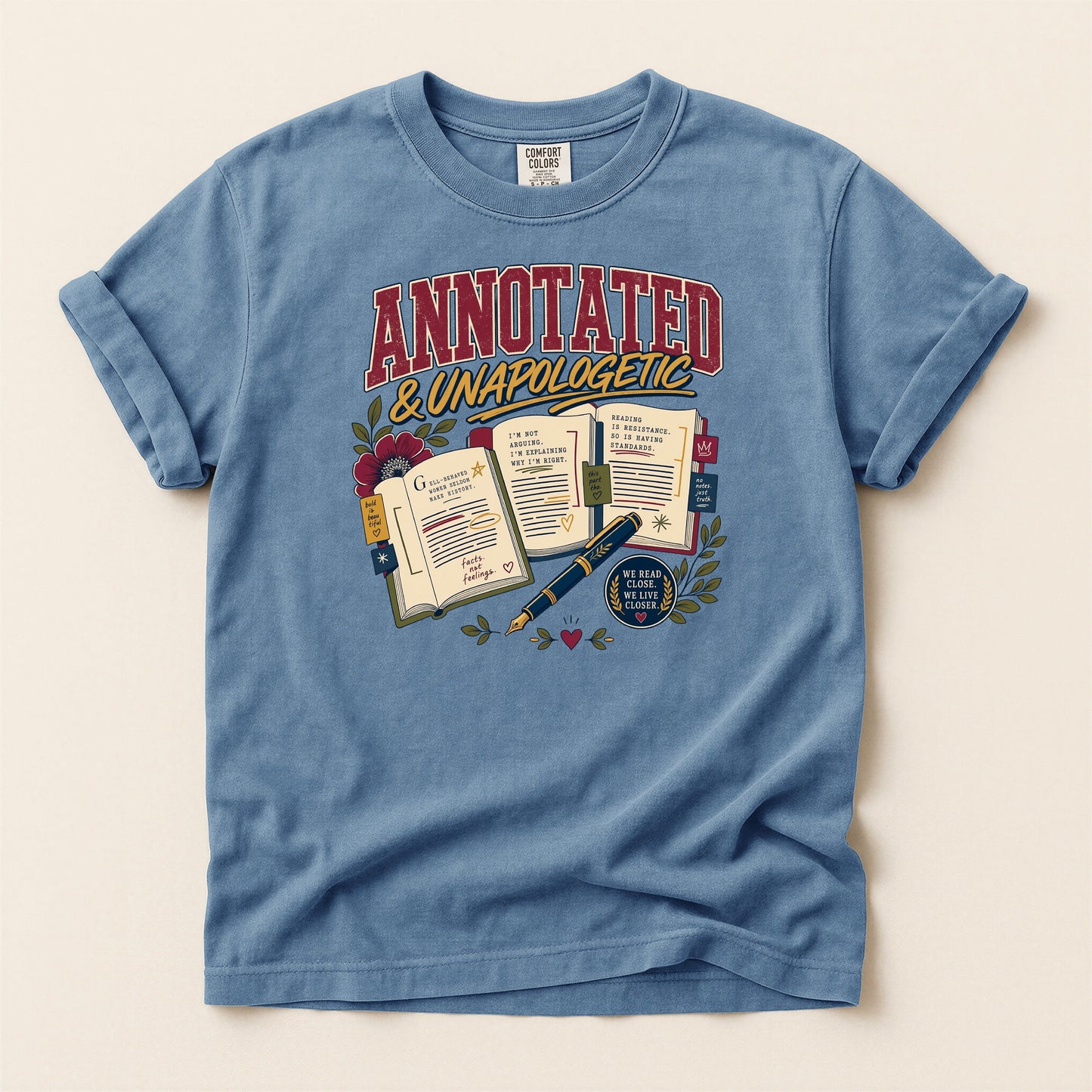 Annotated & Unapologetic bookish tee in Blue Jean, full flat