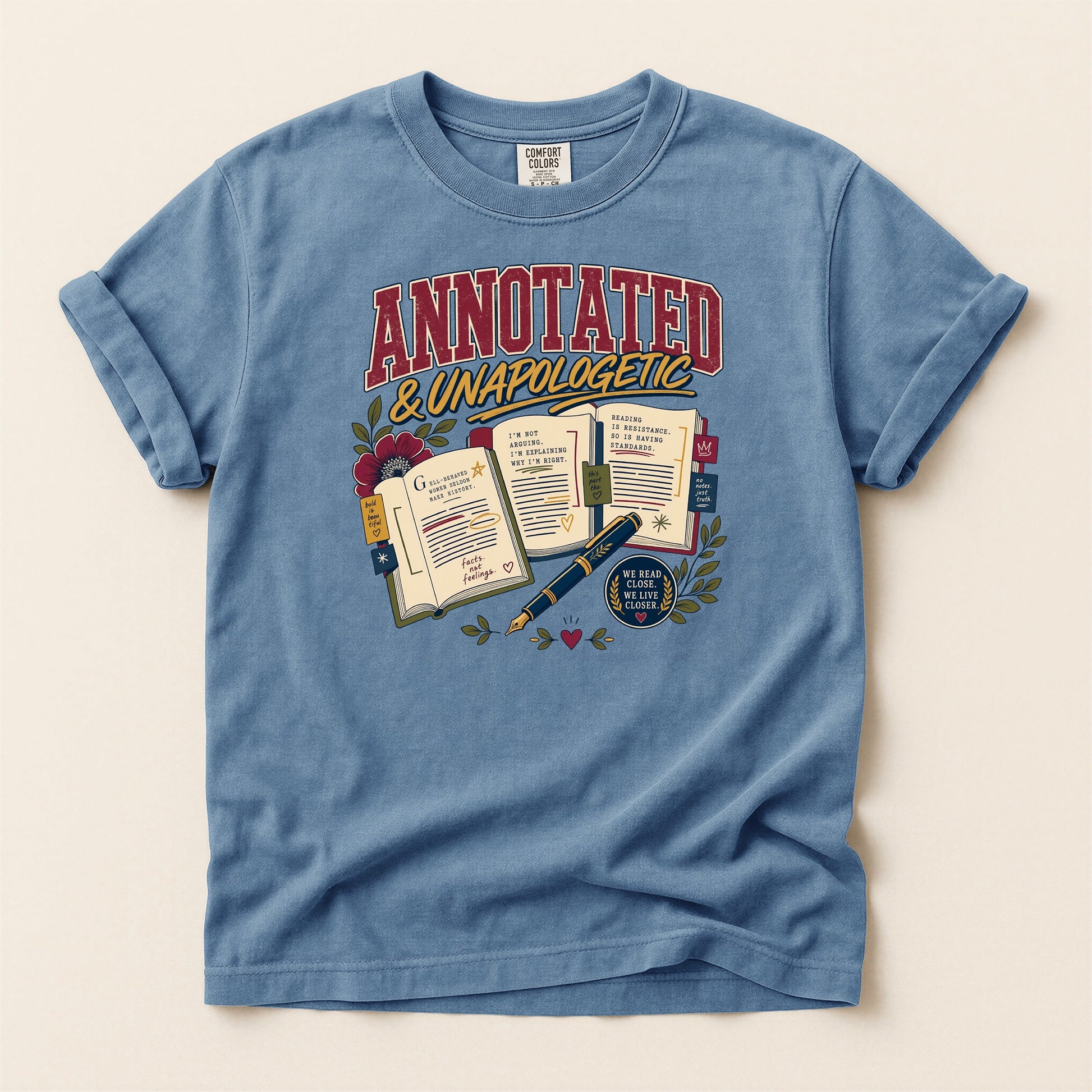 Annotated & Unapologetic bookish tee in Blue Jean, full flat