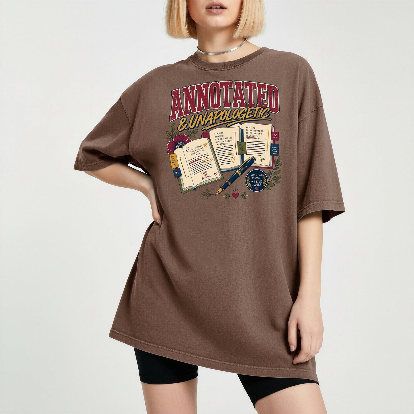 Annotated & Unapologetic bookish tee in Espresso, worn