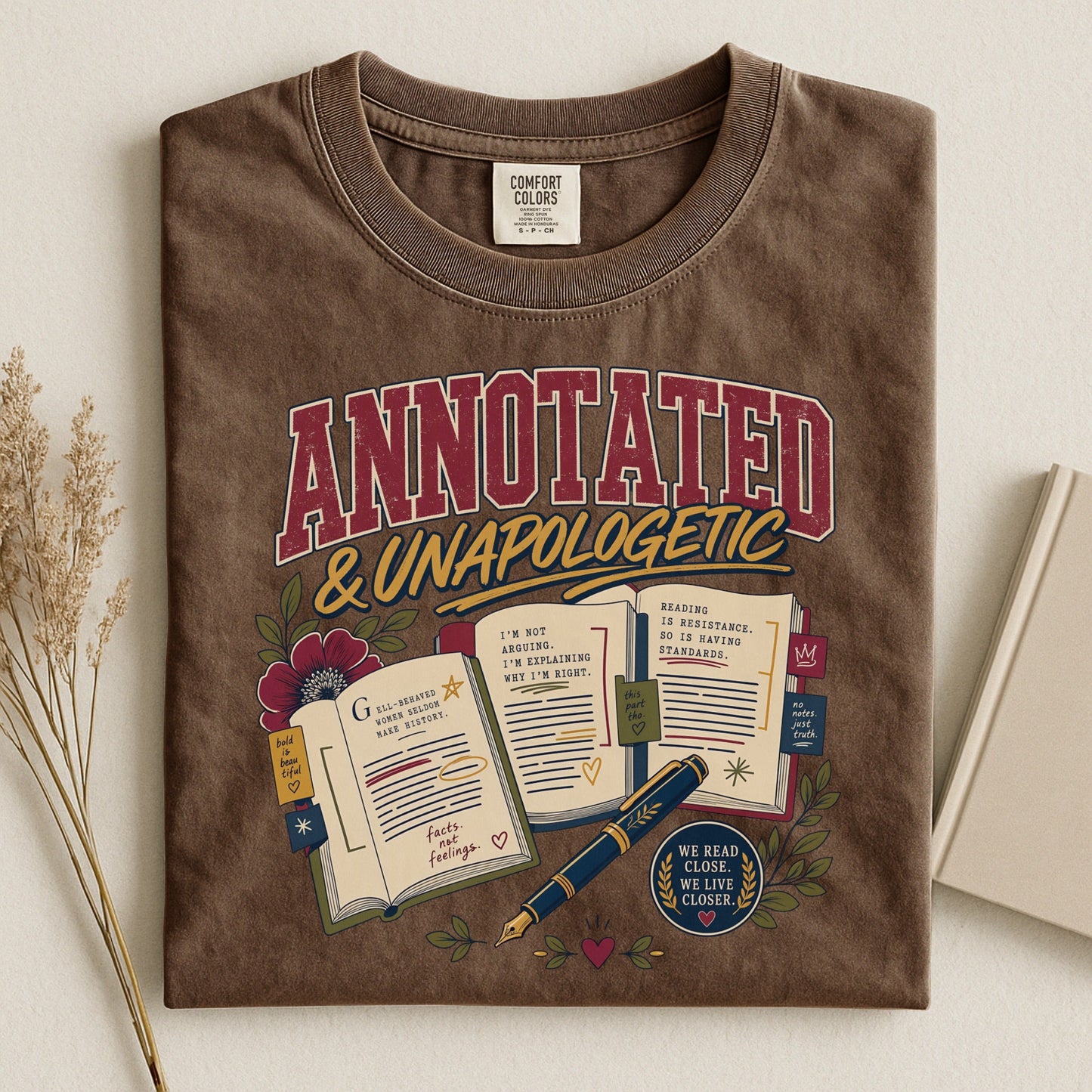 Annotated & Unapologetic bookish tee in Espresso, flat lay