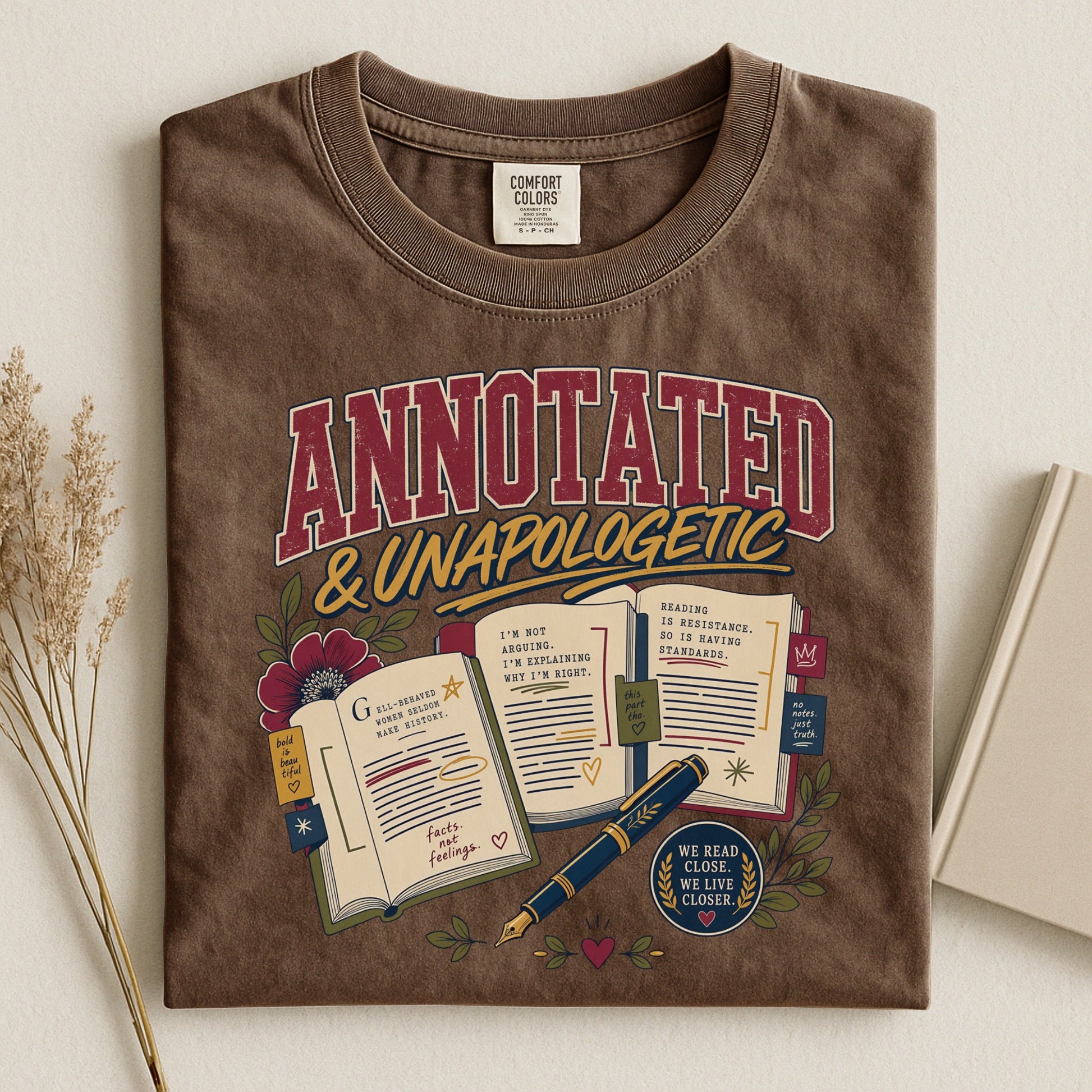 Annotated & Unapologetic bookish tee in Espresso, flat lay