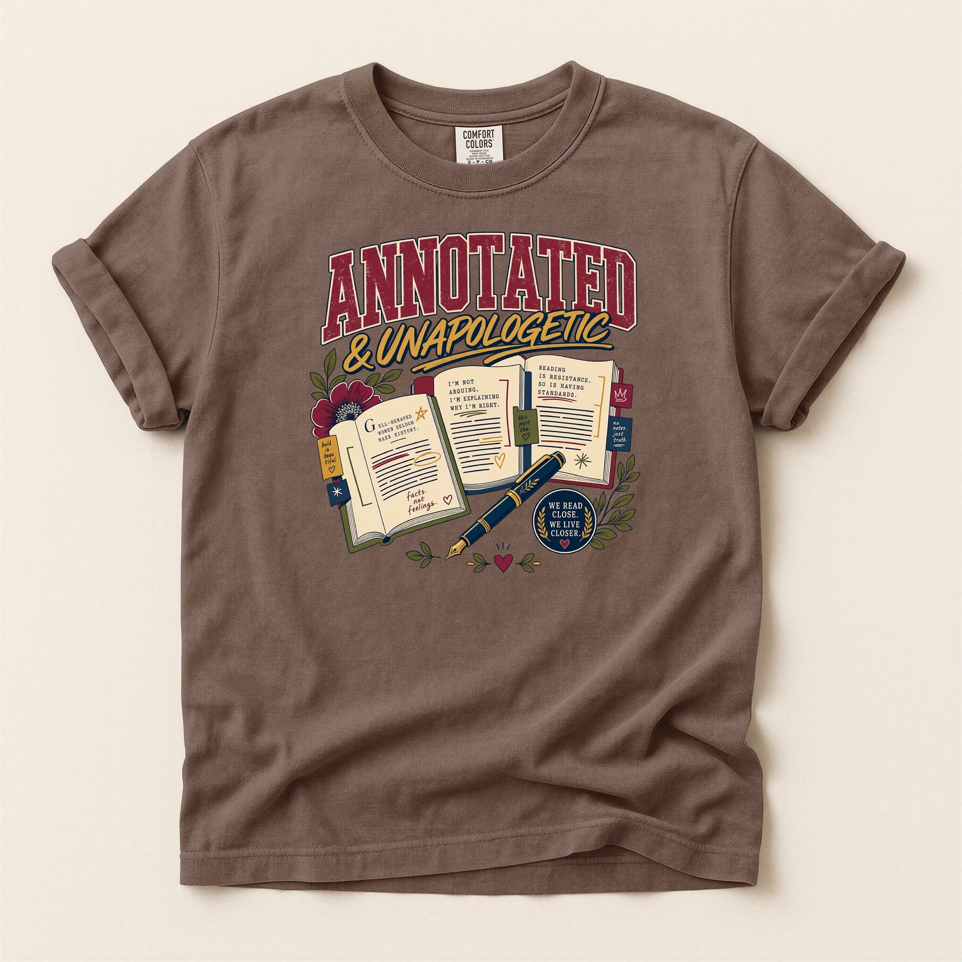 Annotated & Unapologetic bookish tee in Espresso, full flat