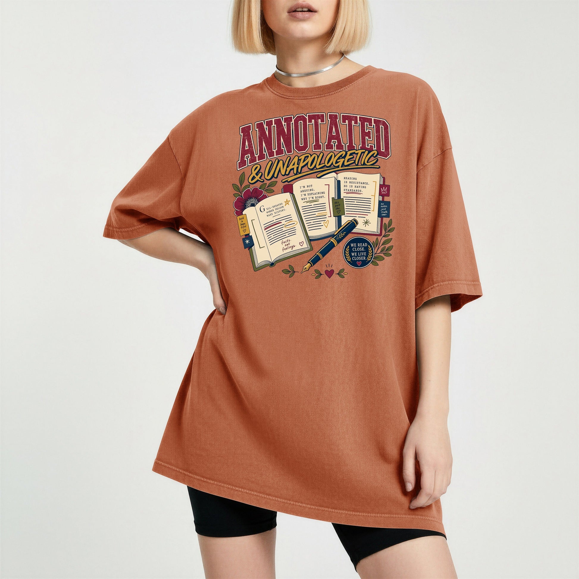 Annotated & Unapologetic bookish tee in Yam, worn