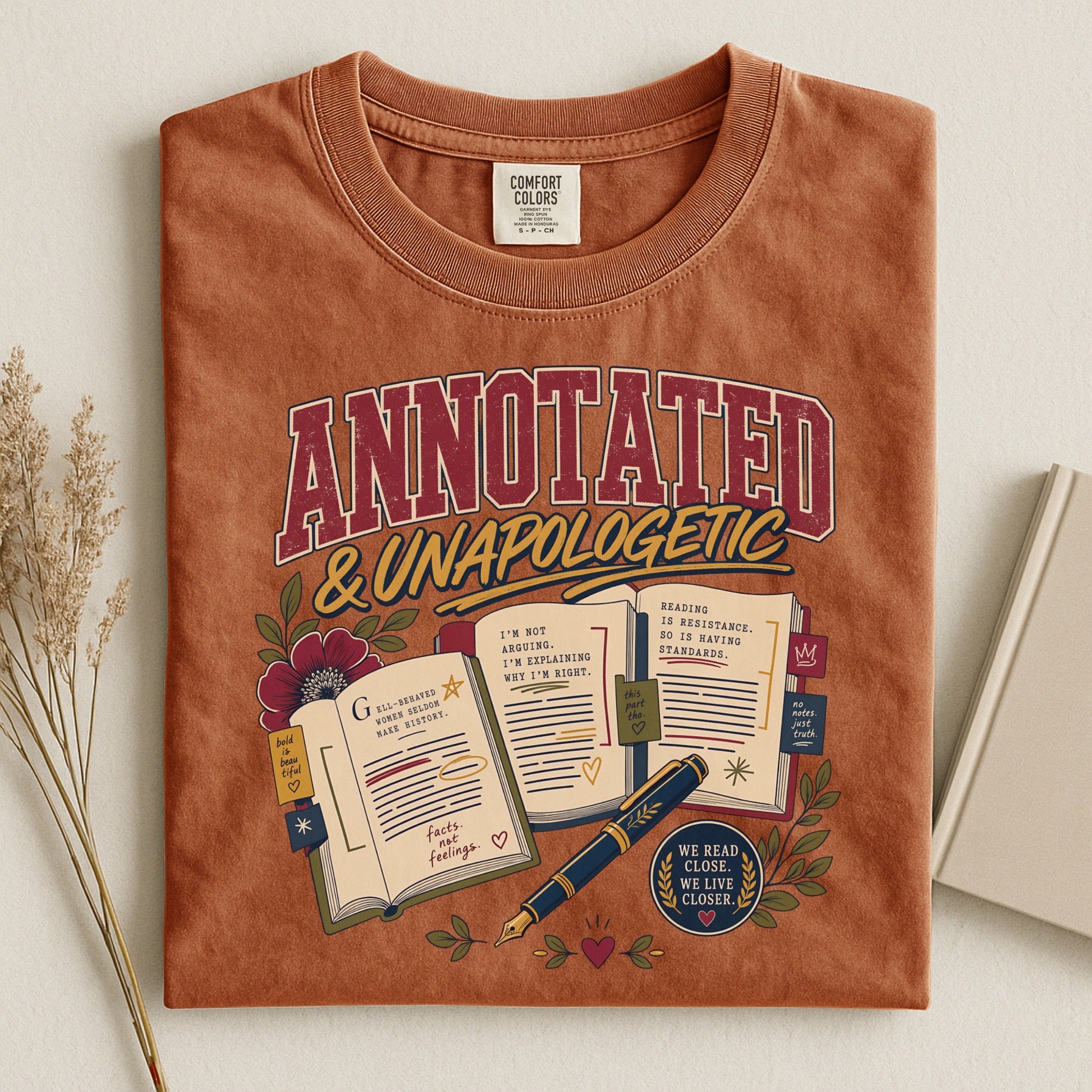 Annotated & Unapologetic bookish tee in Yam, flat lay