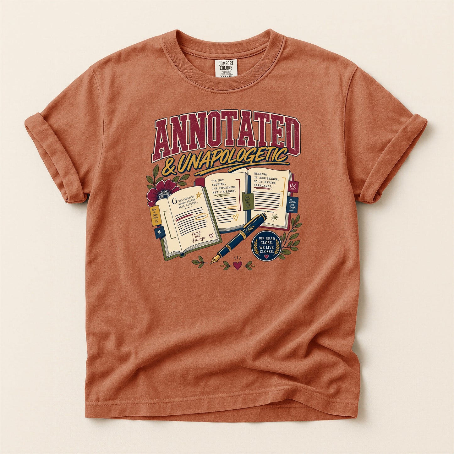 Annotated & Unapologetic bookish tee in Yam, full flat