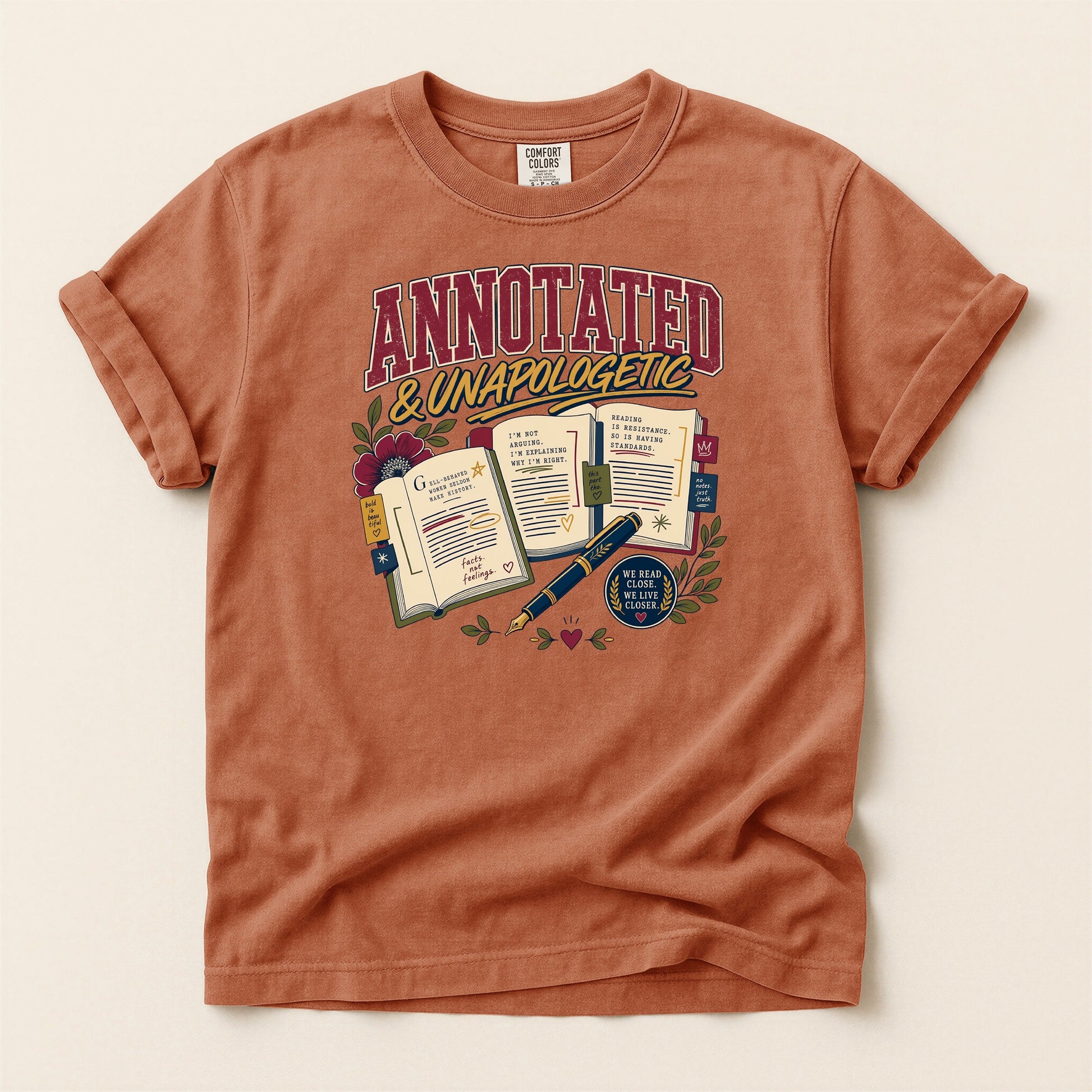 Annotated & Unapologetic bookish tee in Yam, full flat