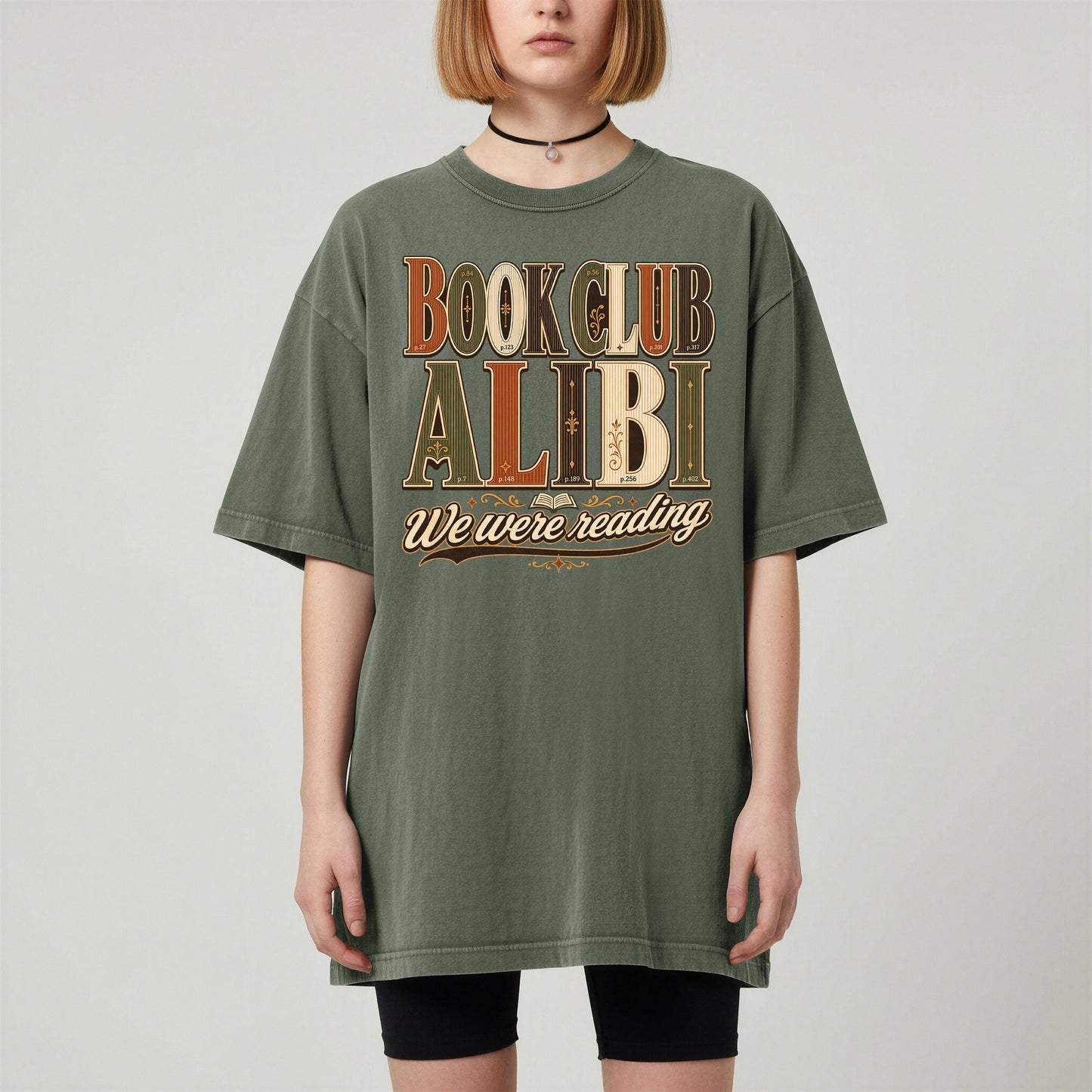 Book Club Alibi bookish tee in Moss, worn