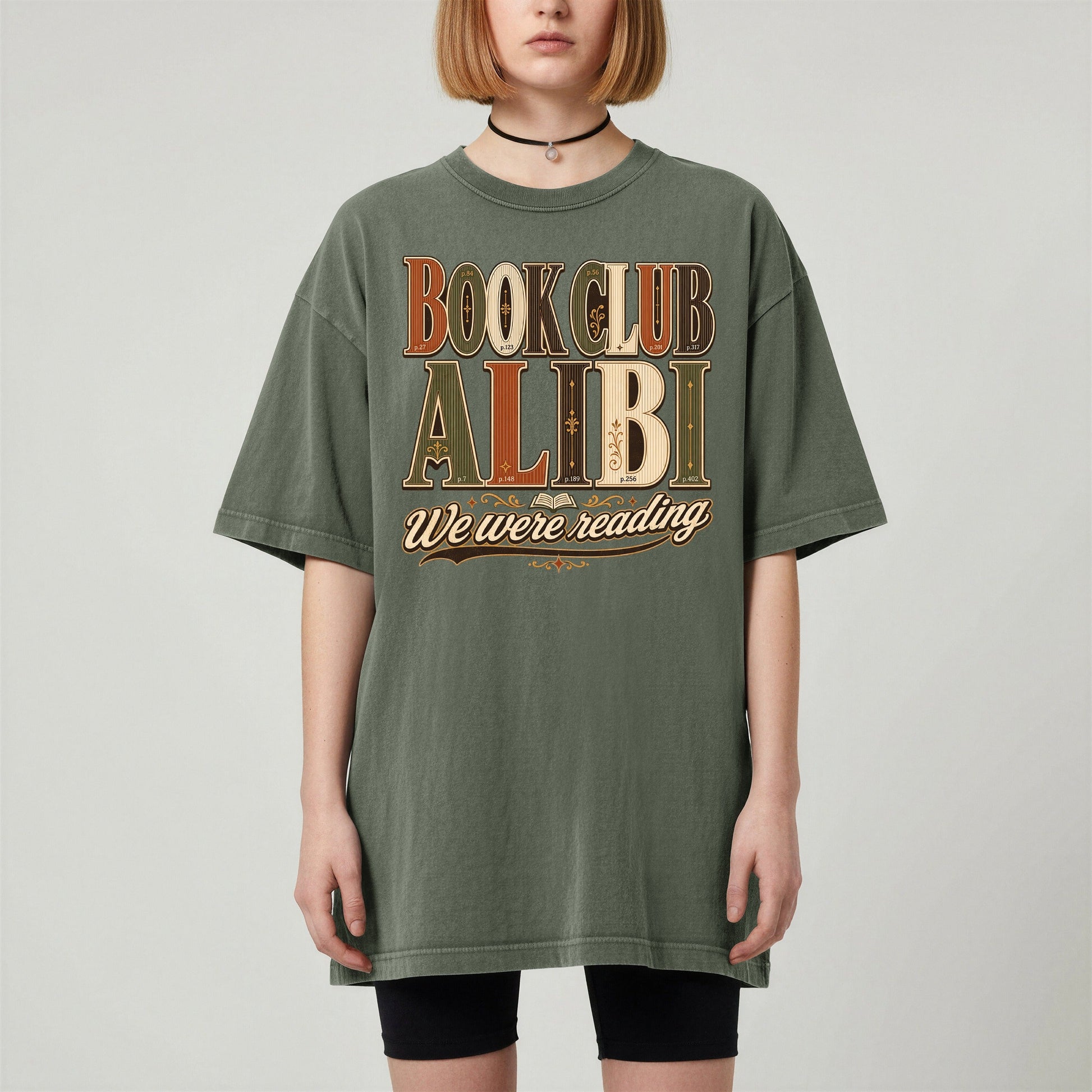 Book Club Alibi bookish tee in Moss, worn