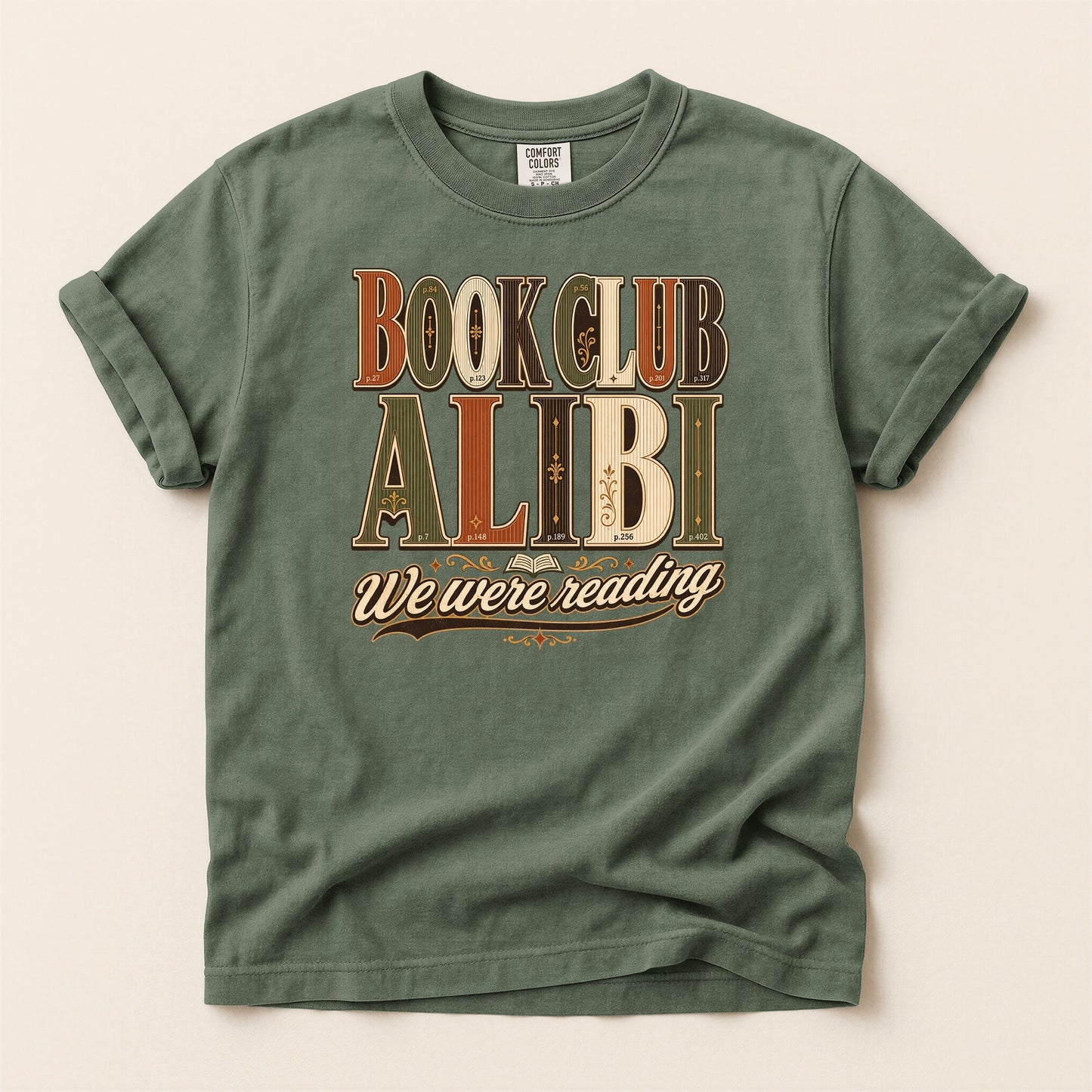 Book Club Alibi bookish tee in Moss, full flat