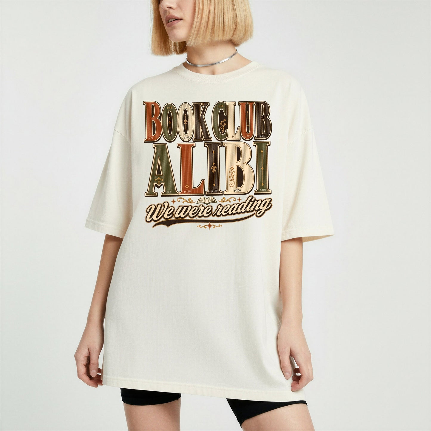 Book Club Alibi bookish tee in Ivory, worn