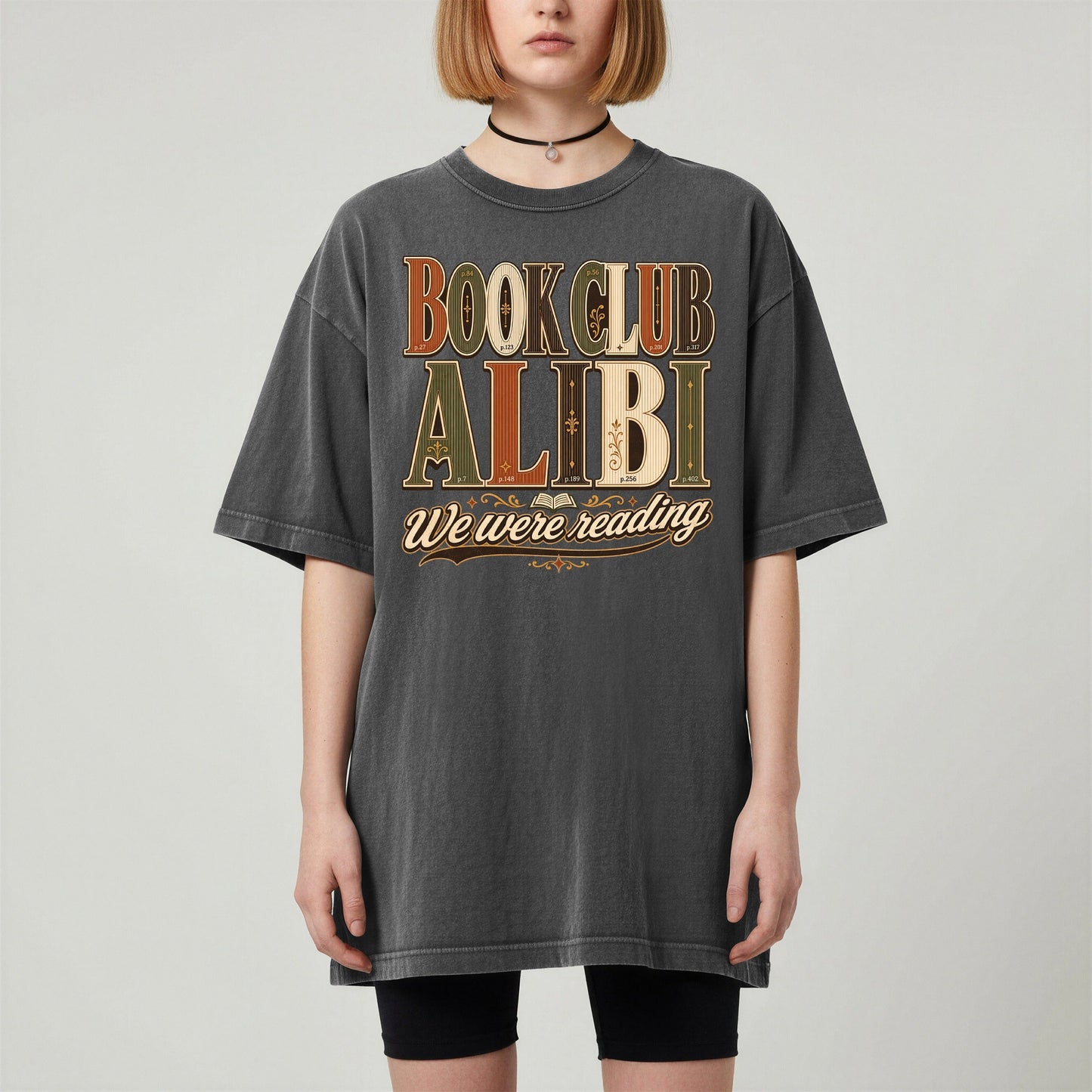 Book Club Alibi bookish tee in Pepper, worn
