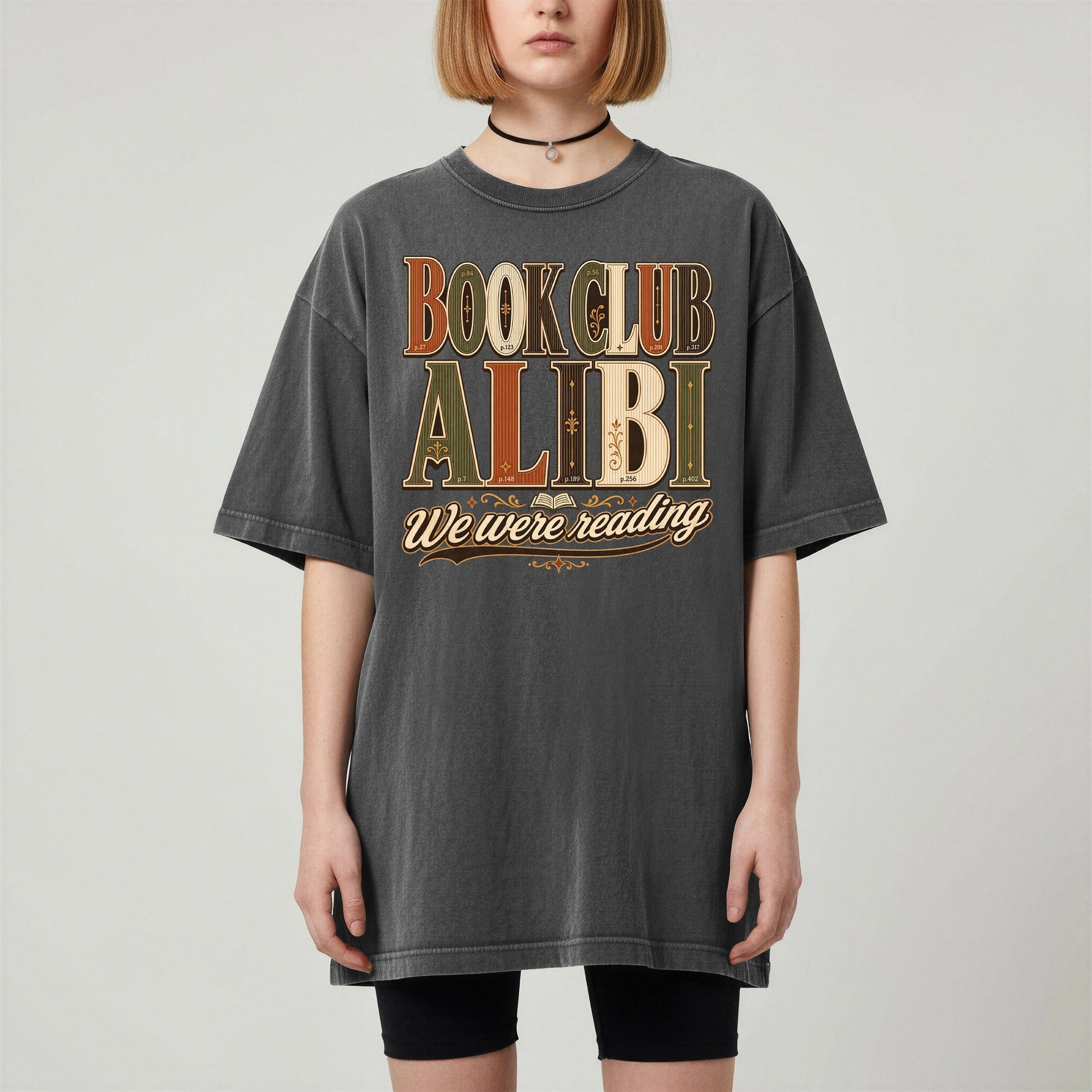 Book Club Alibi bookish tee in Pepper, worn