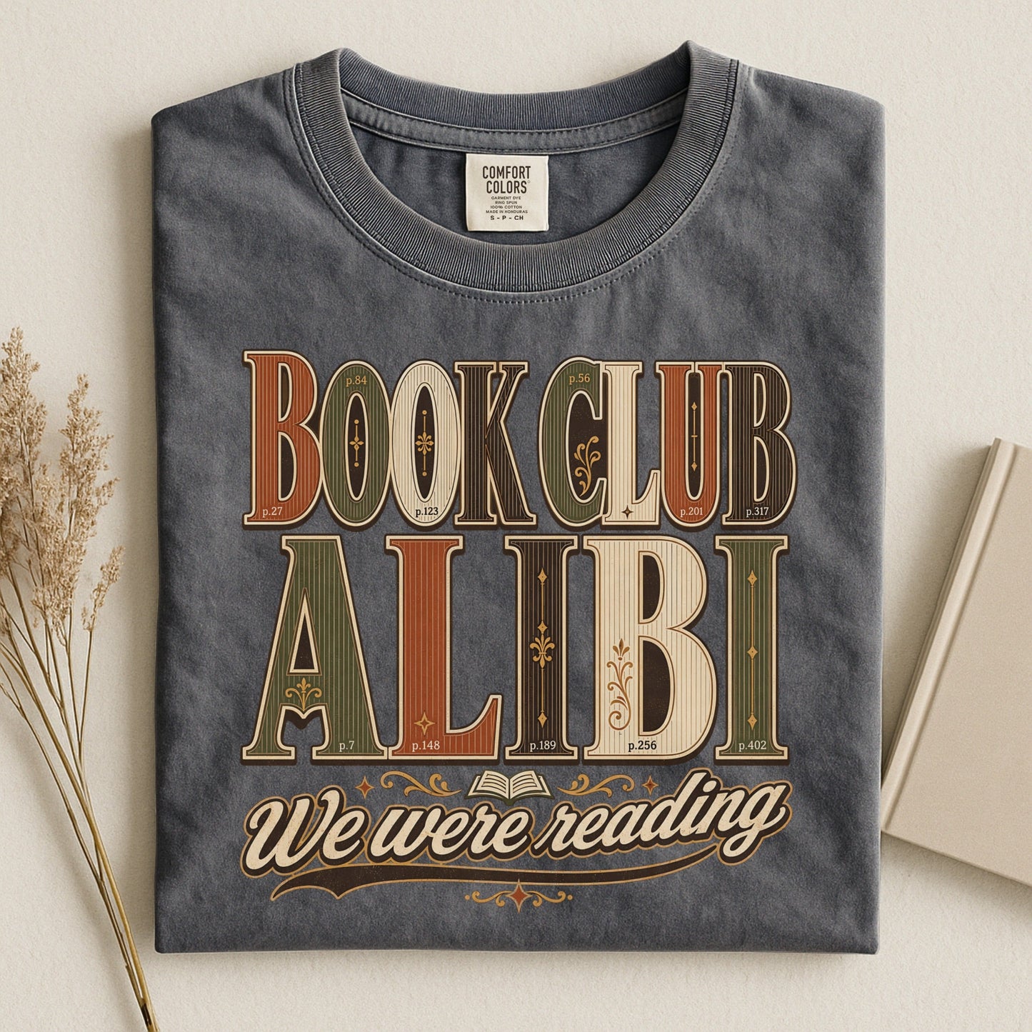 Book Club Alibi bookish tee in Pepper, flat lay