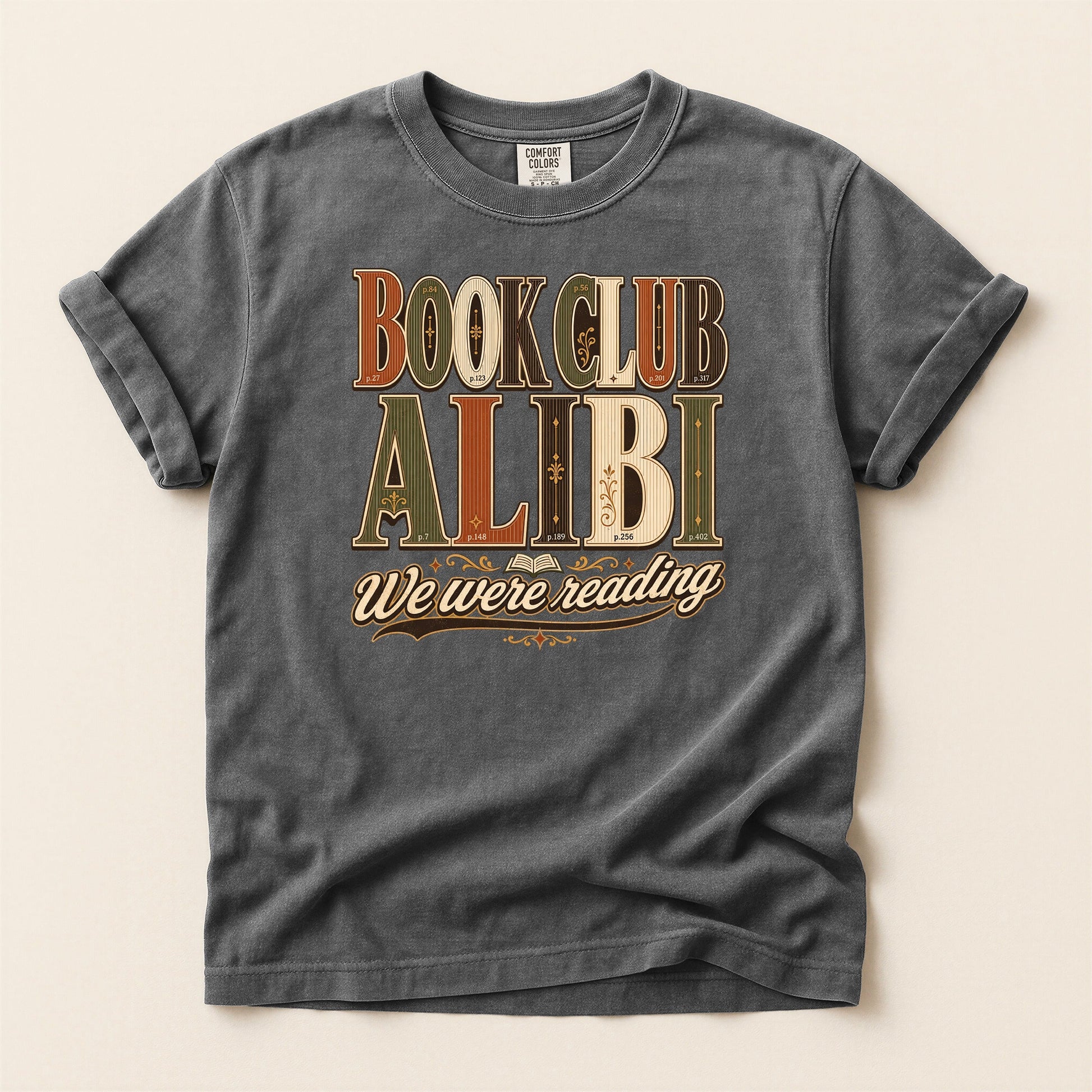 Book Club Alibi bookish tee in Pepper, full flat