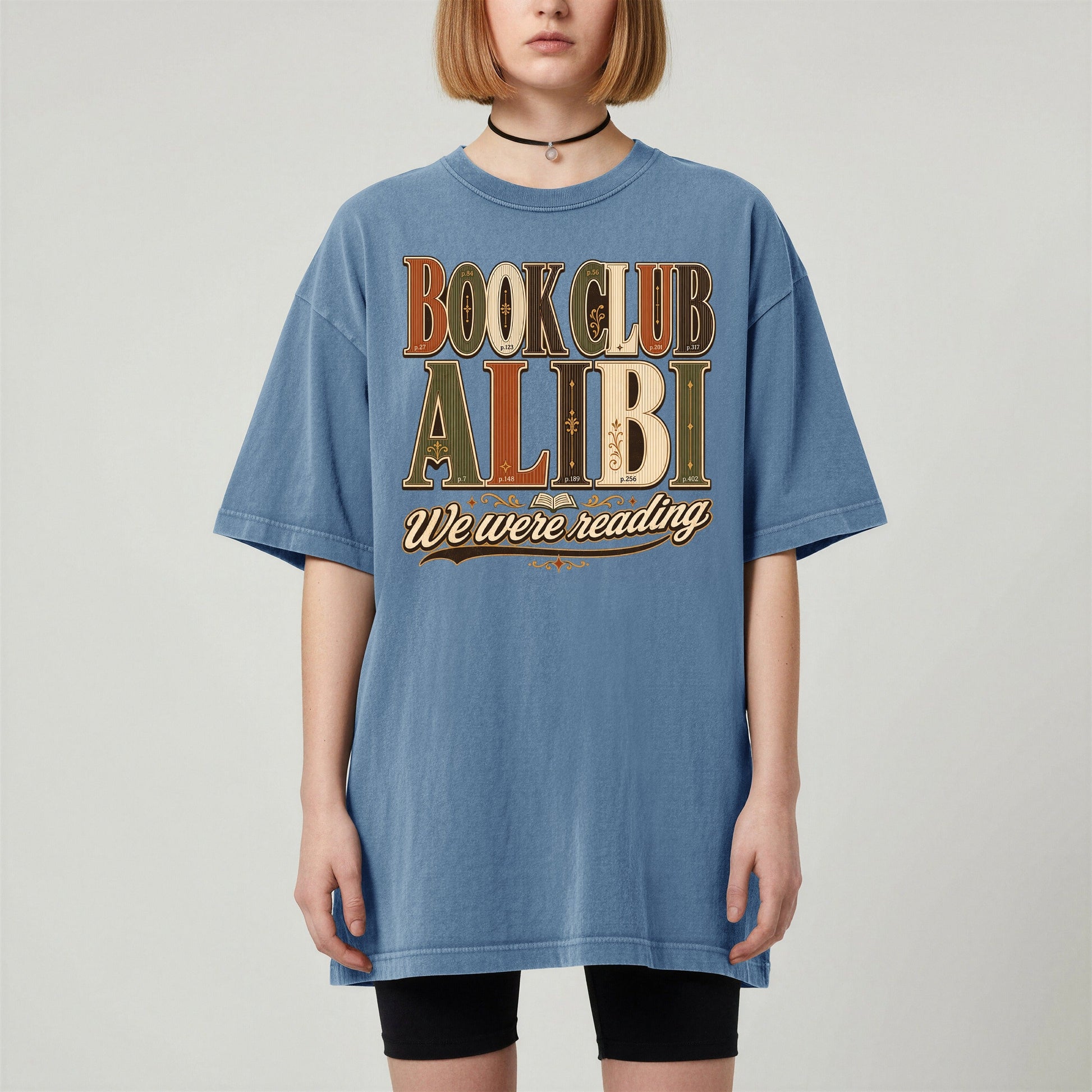 Book Club Alibi bookish tee in Blue Jean, worn
