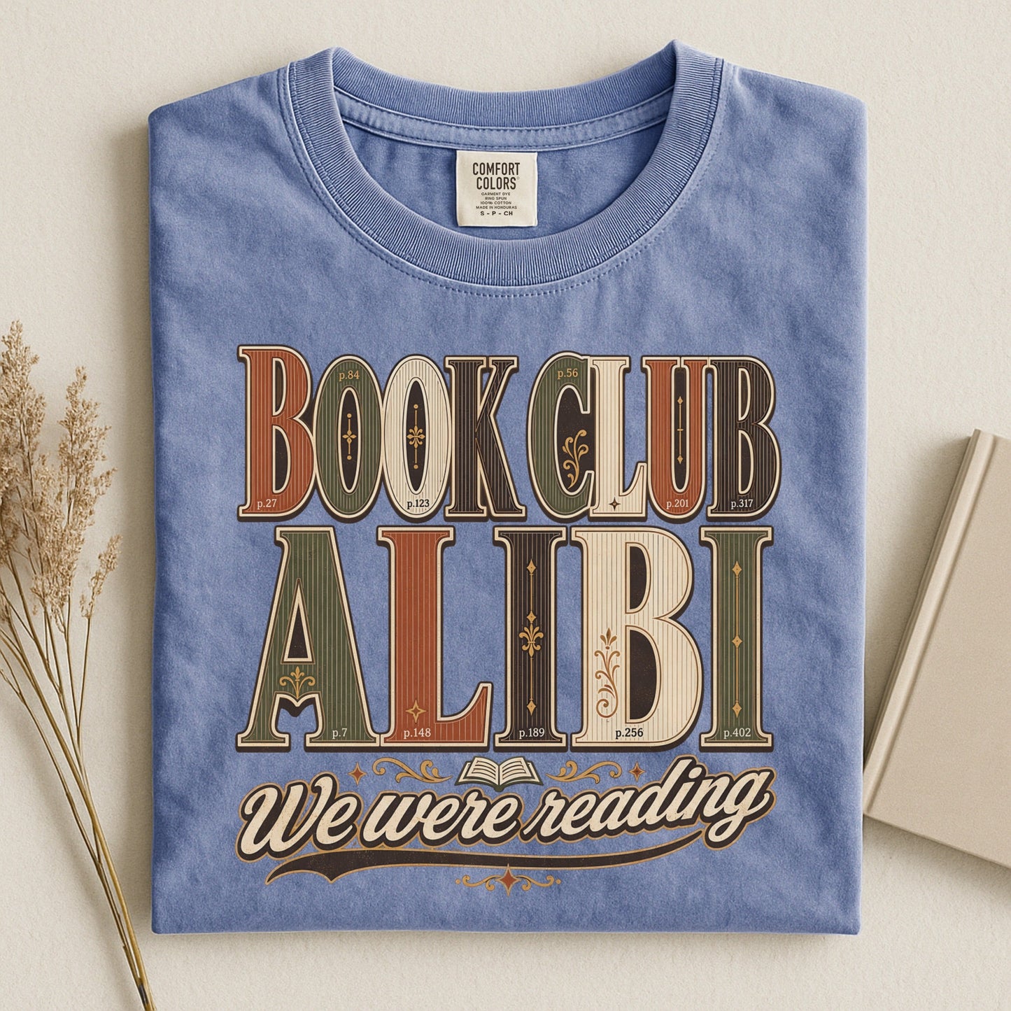 Book Club Alibi bookish tee in Blue Jean, flat lay