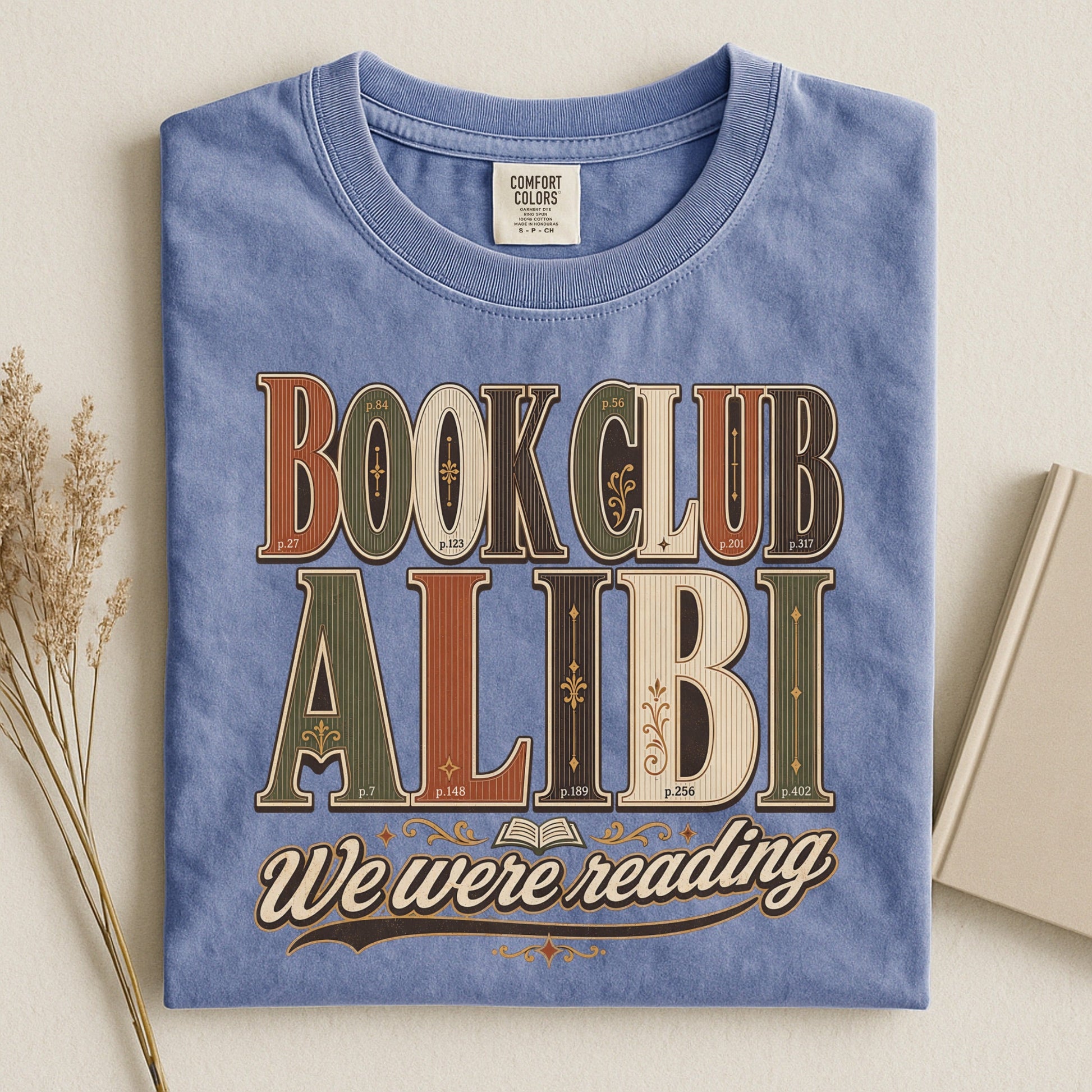 Book Club Alibi bookish tee in Blue Jean, flat lay