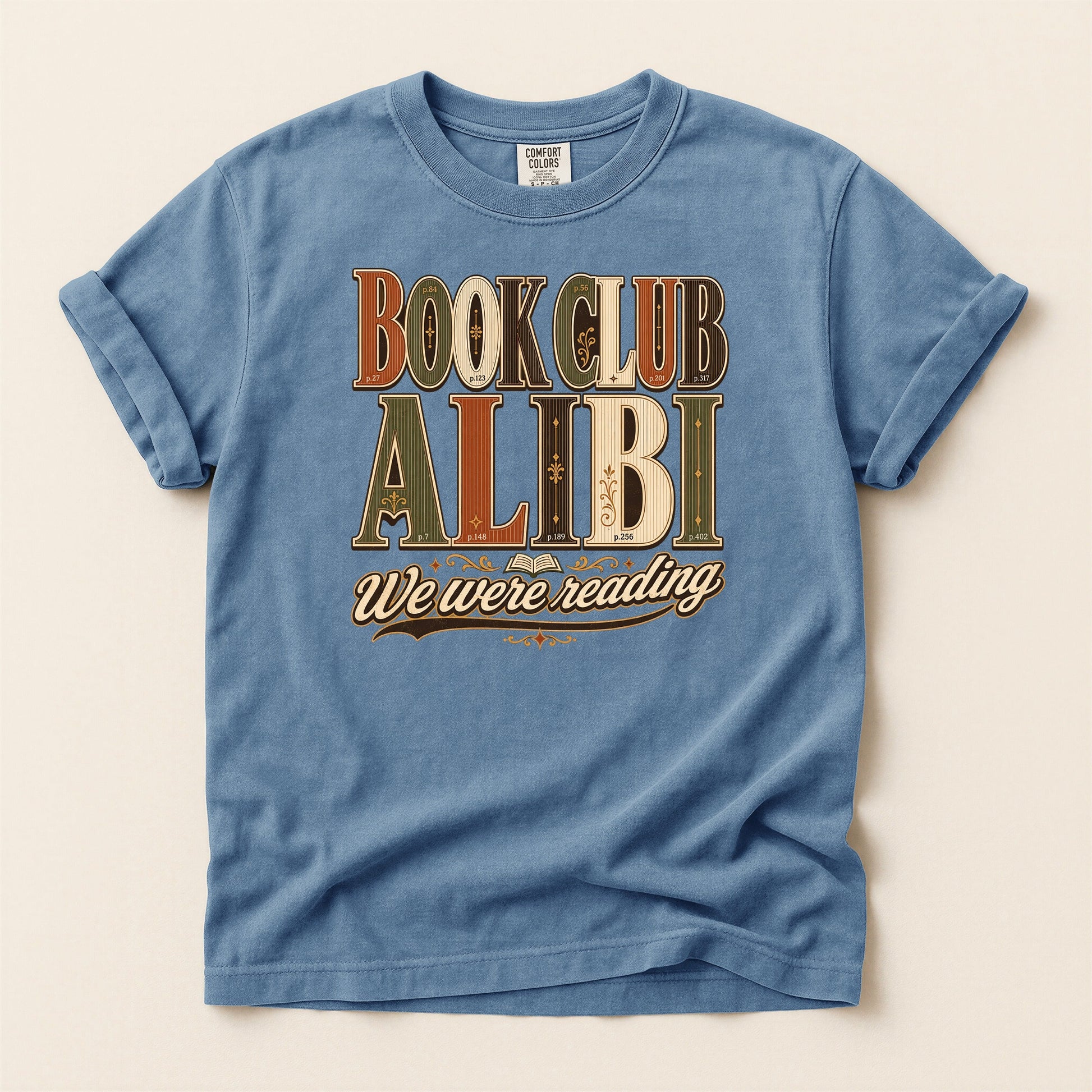 Book Club Alibi bookish tee in Blue Jean, full flat
