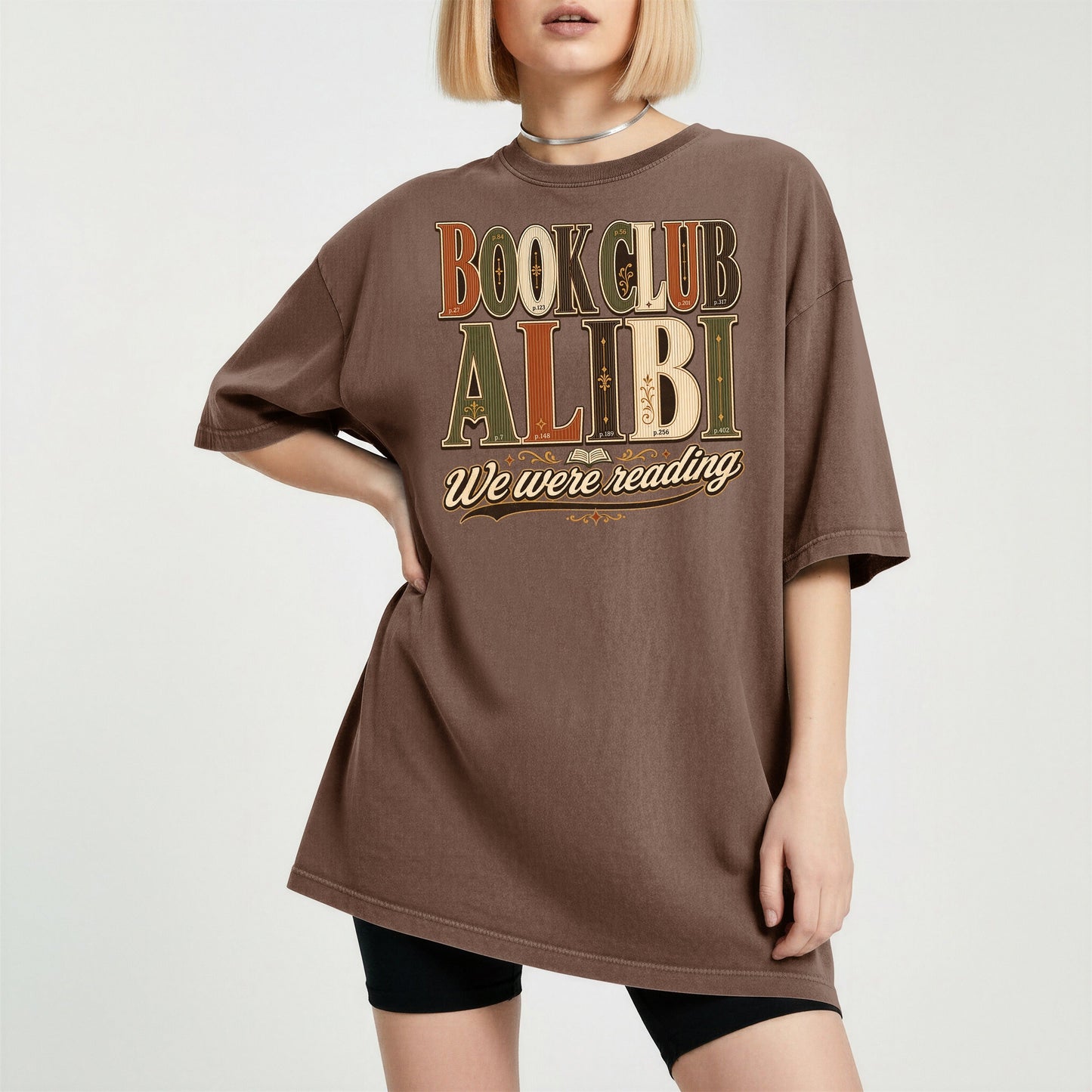 Book Club Alibi bookish tee in Espresso, worn