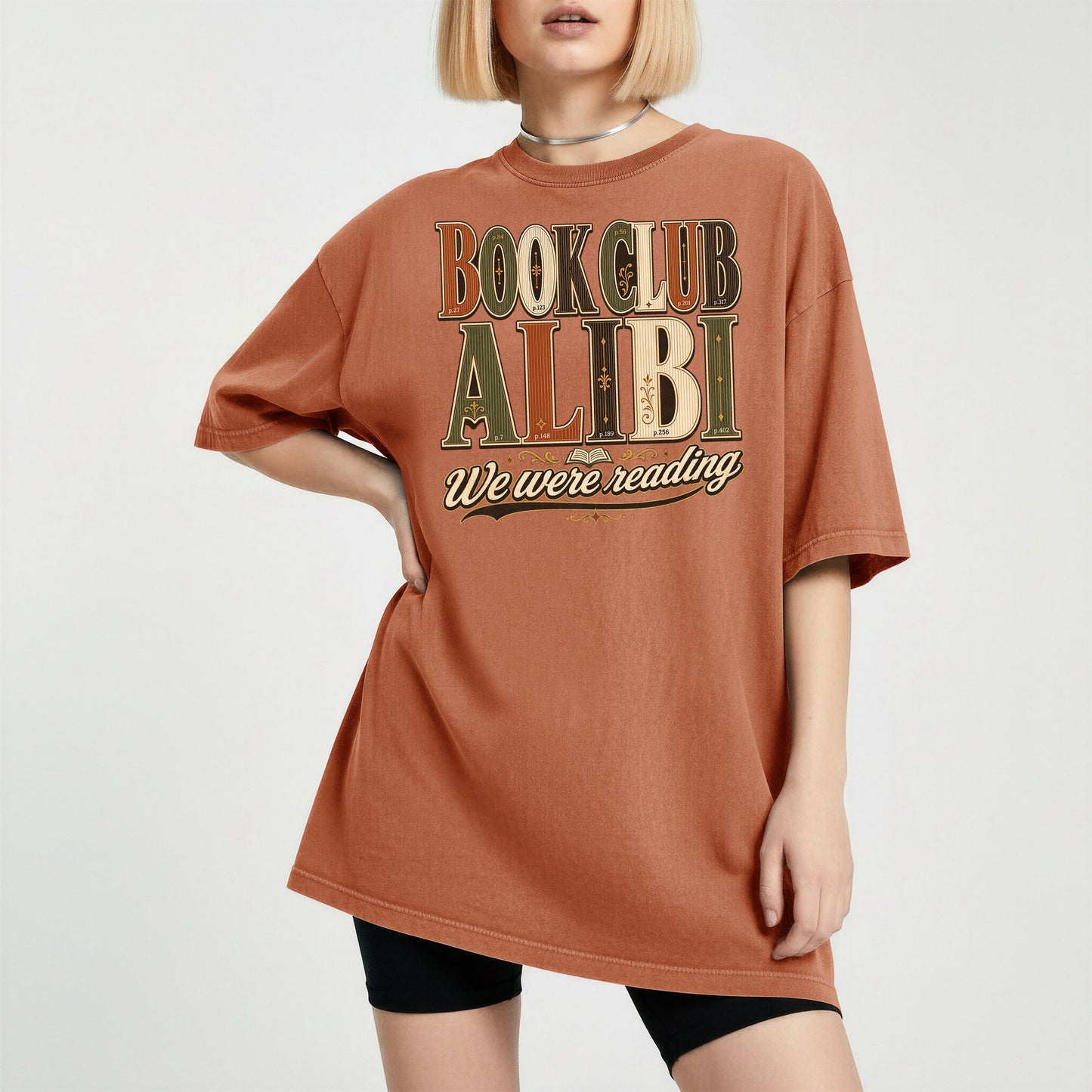Book Club Alibi bookish tee in Yam, worn