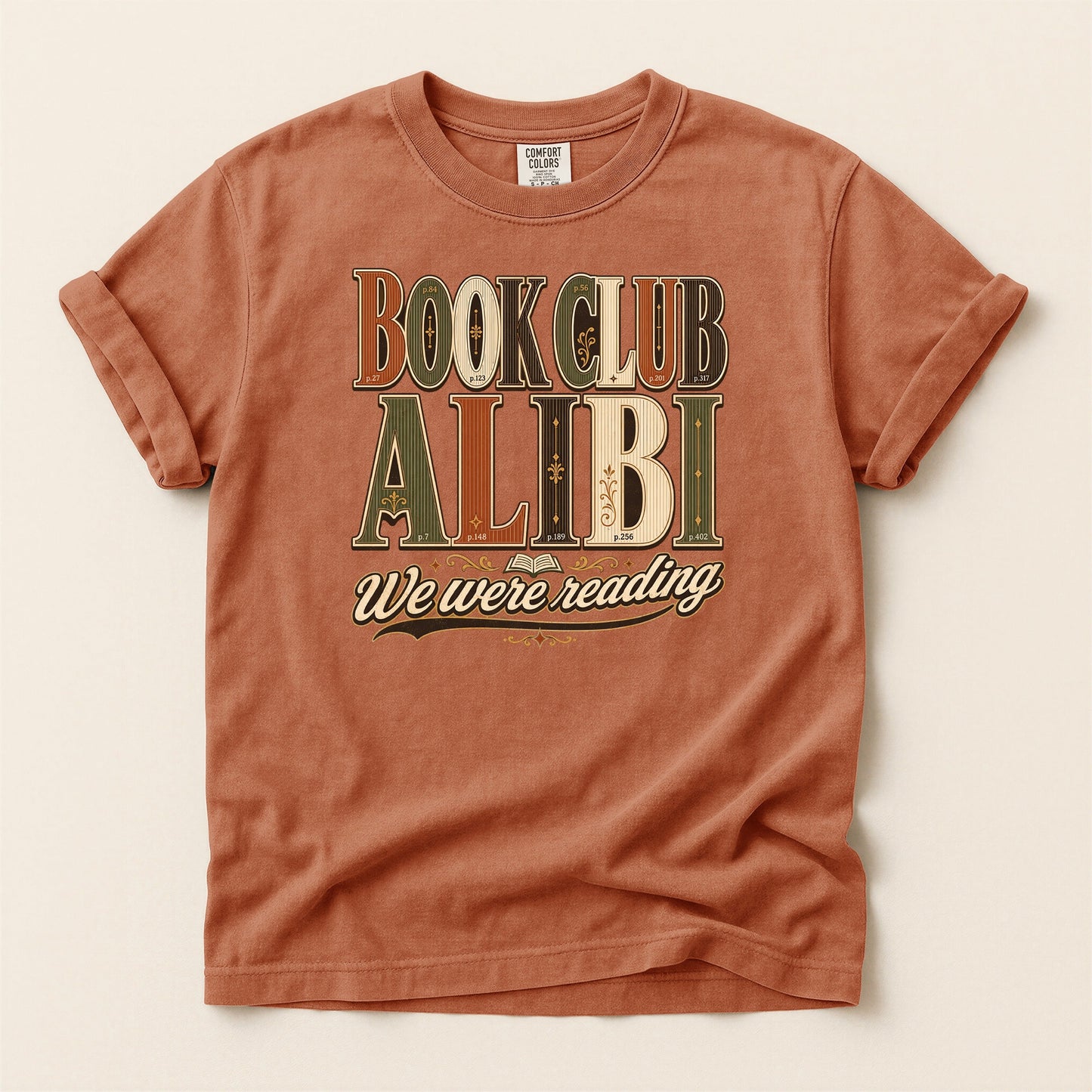 Book Club Alibi bookish tee in Yam, full flat