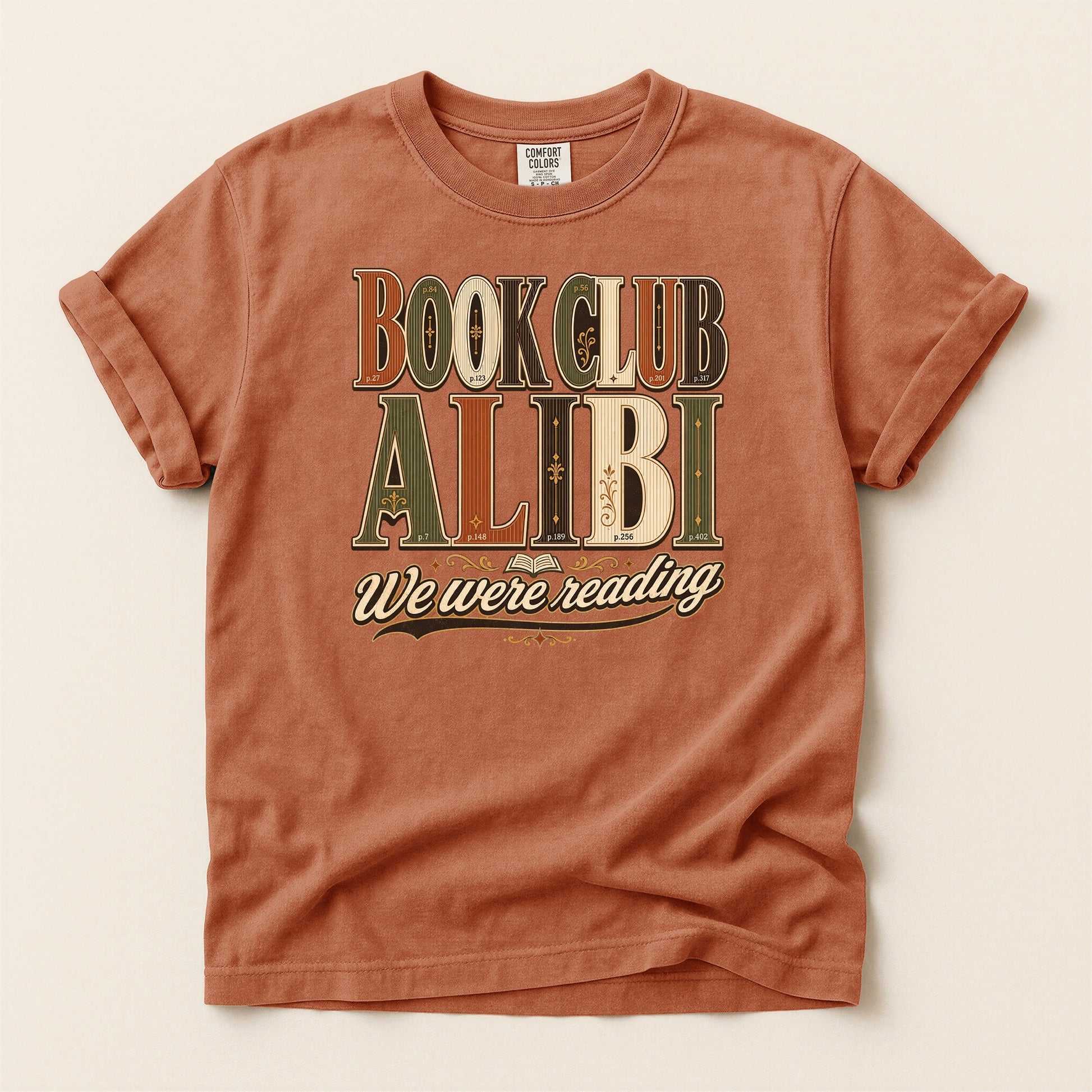 Book Club Alibi bookish tee in Yam, full flat