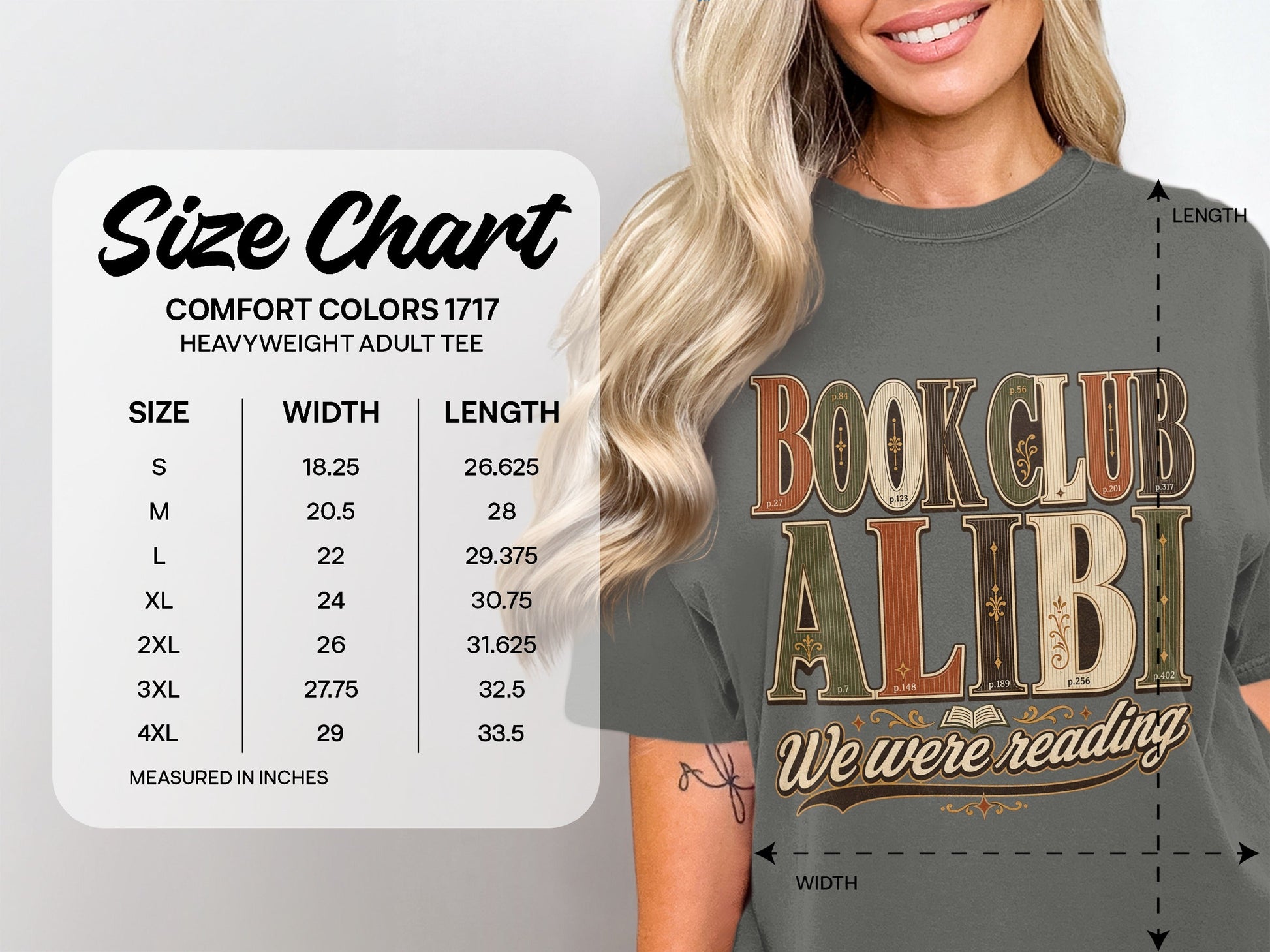 Book Club Alibi size chart