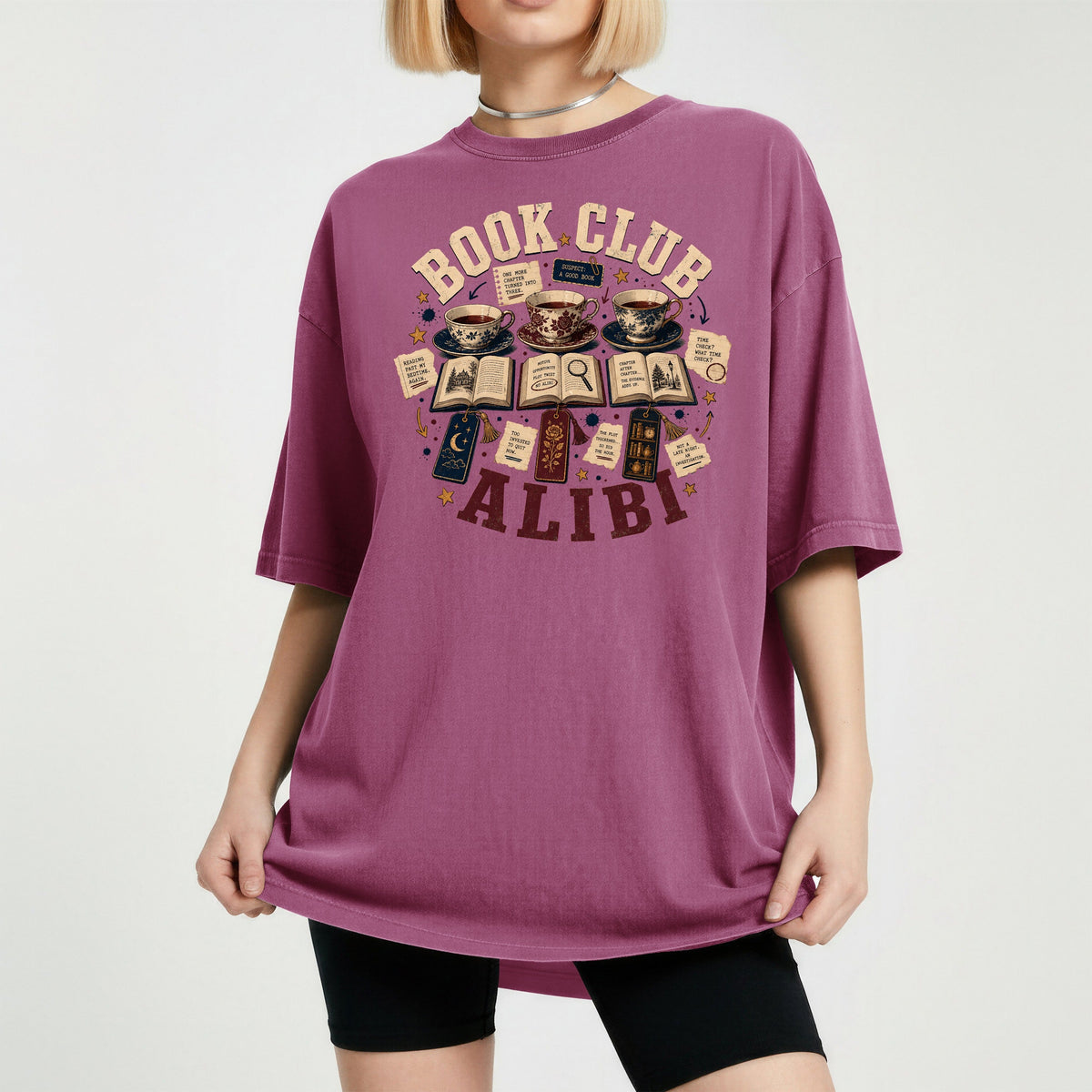 Shelf Love Studio Book Club Alibi t-shirt in Berry, worn