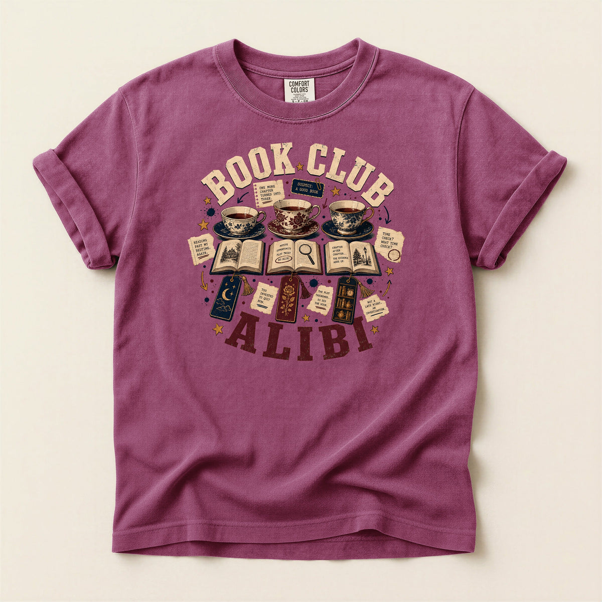 Shelf Love Studio Book Club Alibi t-shirt in Berry, flat
