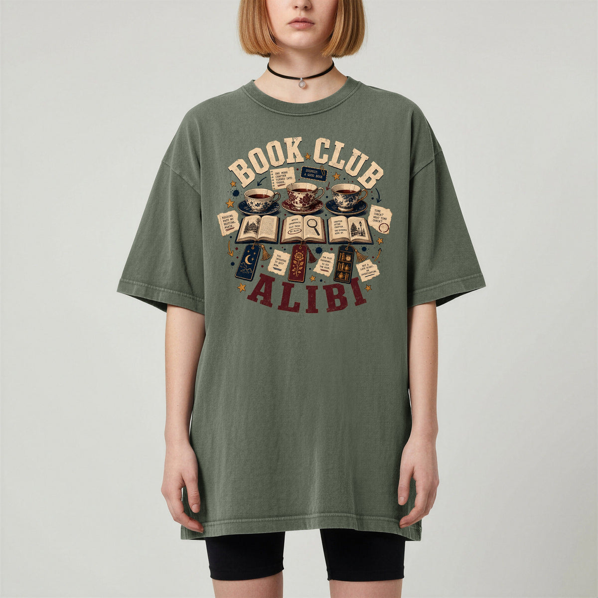 Shelf Love Studio Book Club Alibi t-shirt in Moss, worn