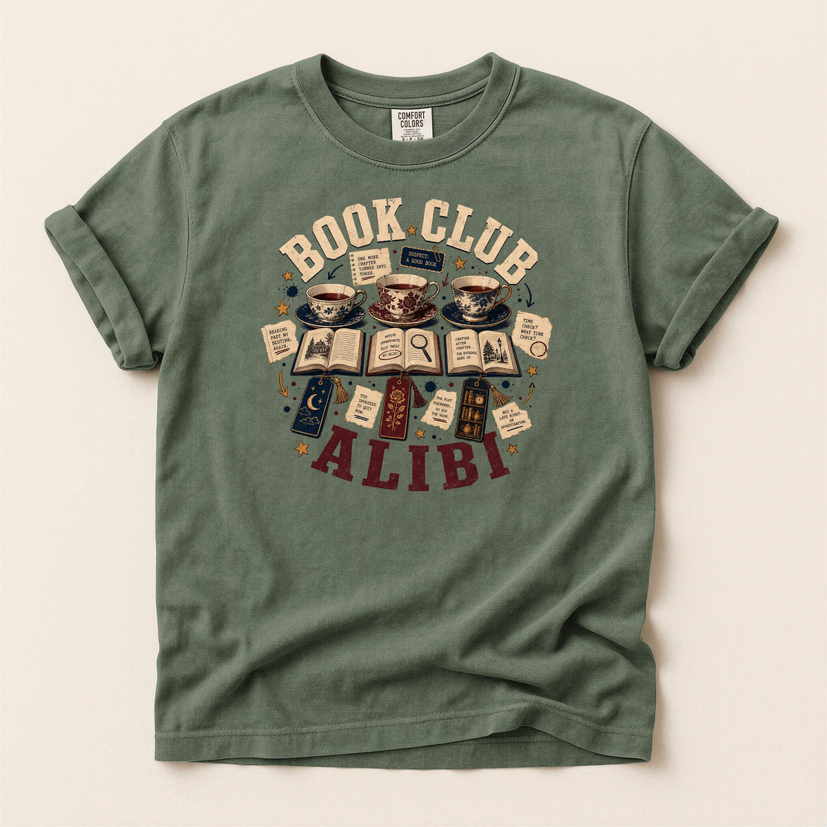 Shelf Love Studio Book Club Alibi t-shirt in Moss, flat
