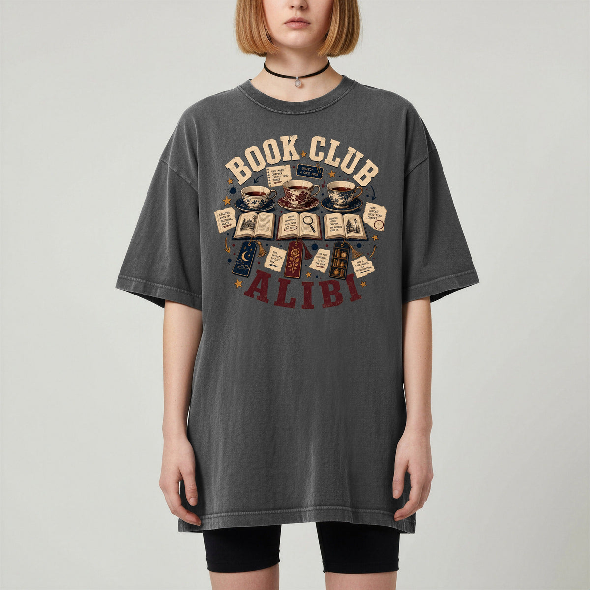 Shelf Love Studio Book Club Alibi t-shirt in Pepper, worn