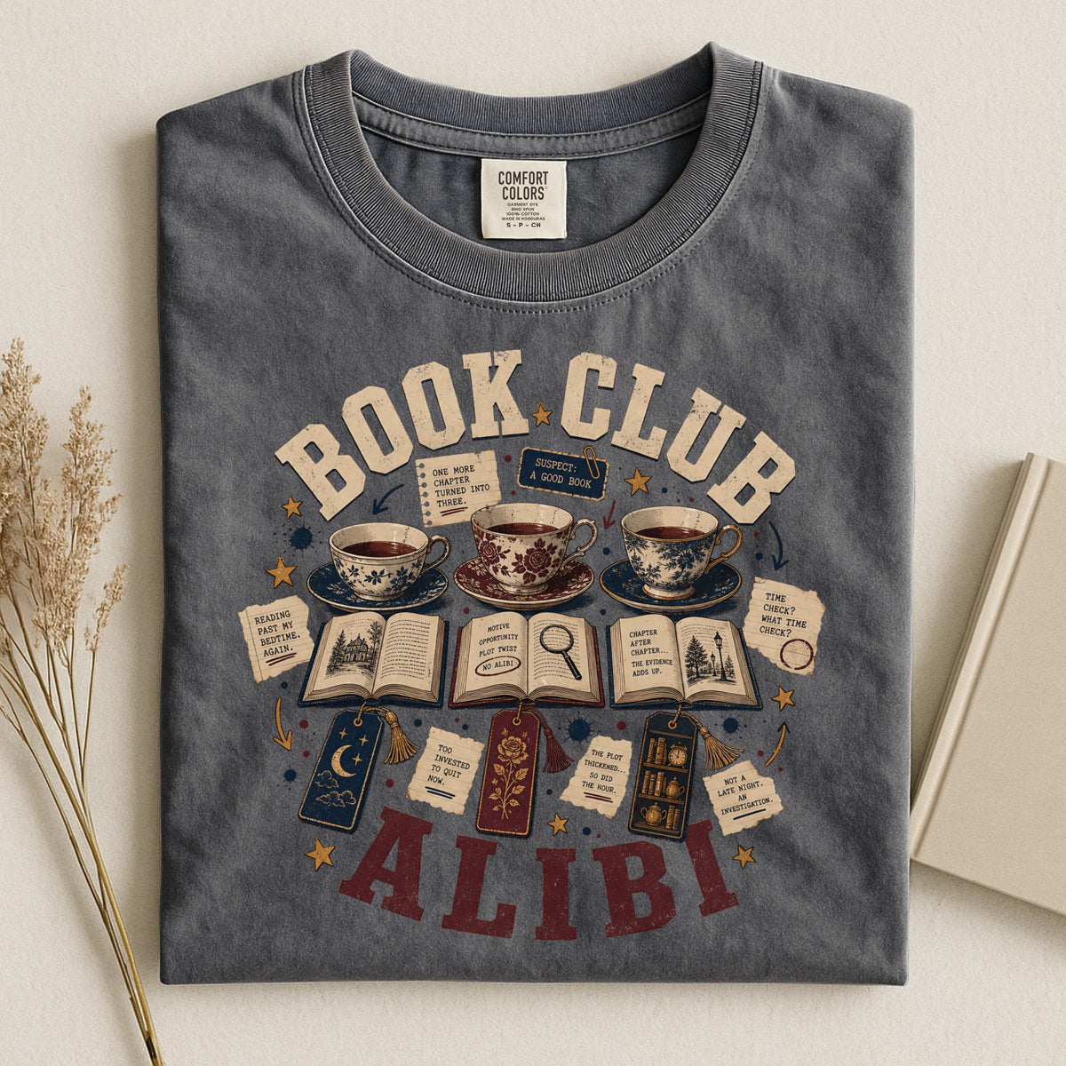 Shelf Love Studio Book Club Alibi t-shirt in Pepper, styled flat lay