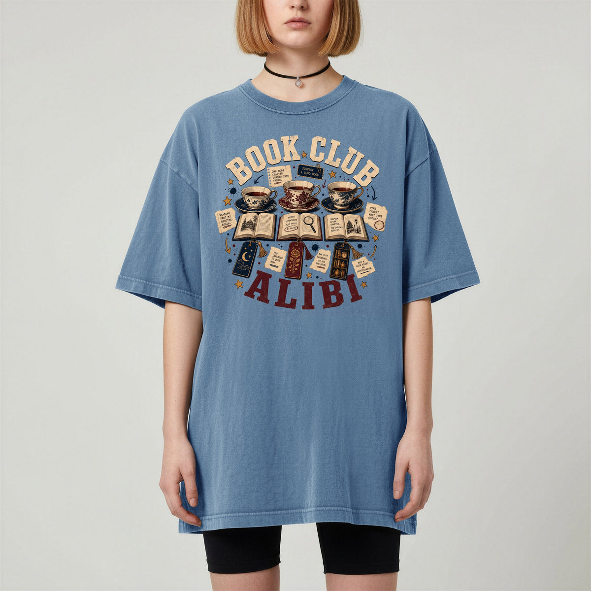 Shelf Love Studio Book Club Alibi t-shirt in Blue Jean, worn