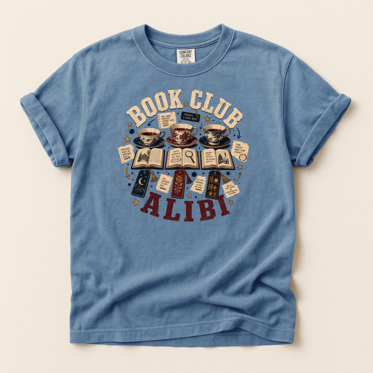 Shelf Love Studio Book Club Alibi t-shirt in Blue Jean, flat