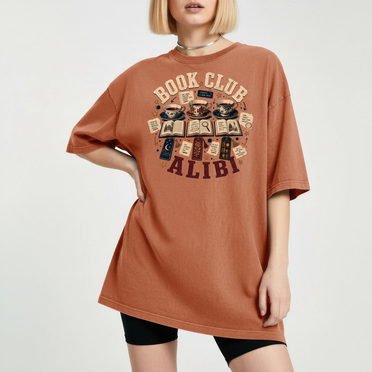 Shelf Love Studio Book Club Alibi t-shirt in Yam, worn