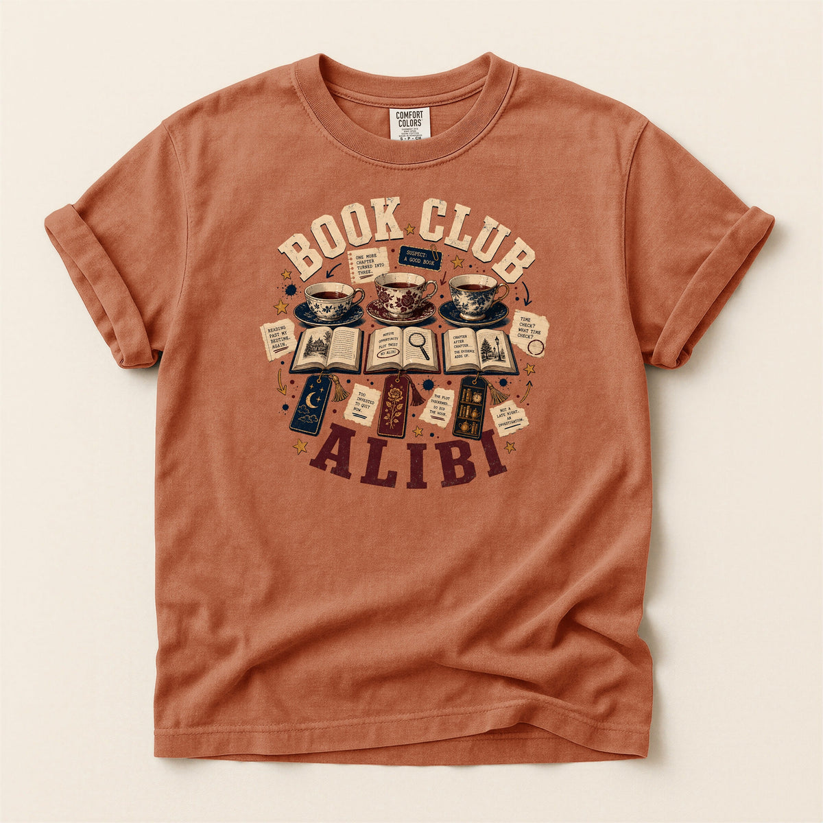 Shelf Love Studio Book Club Alibi t-shirt in Yam, flat