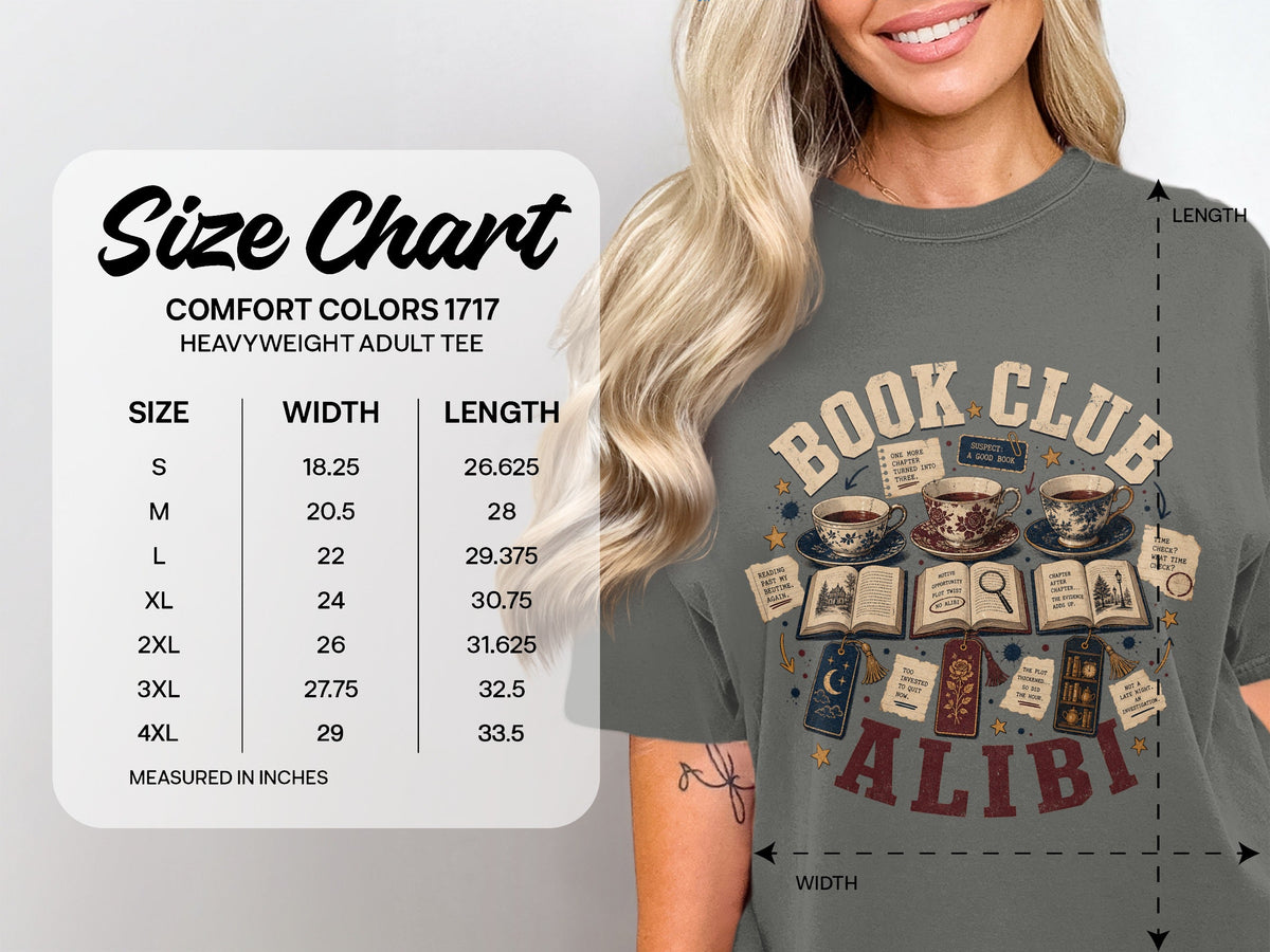 Book Club Alibi size chart