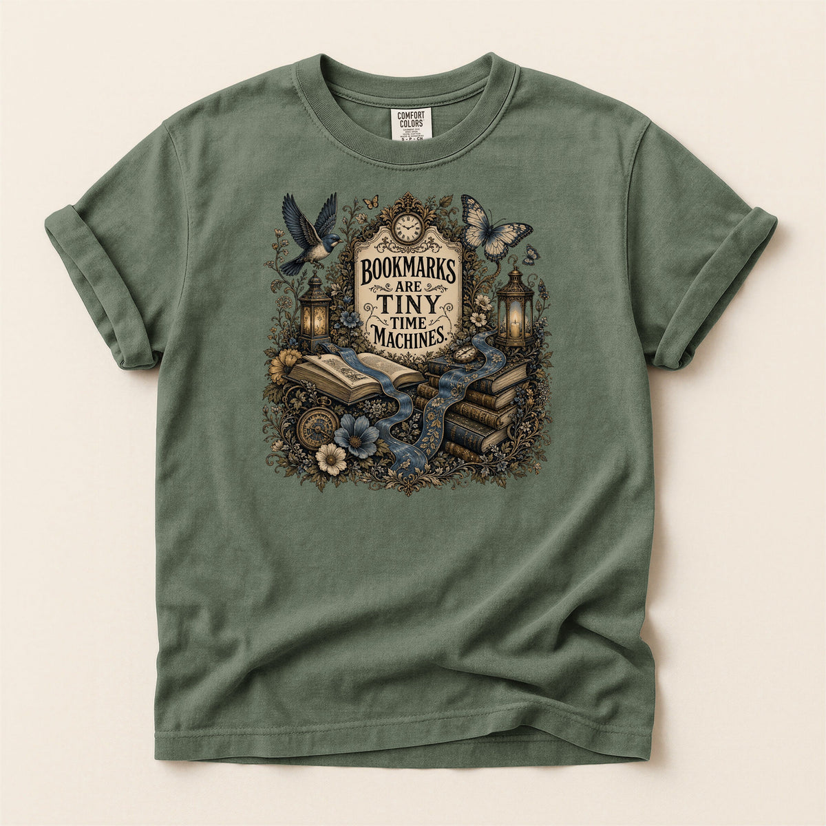 Bookmarks Are Tiny Time Machines bookish tee in Moss, full flat