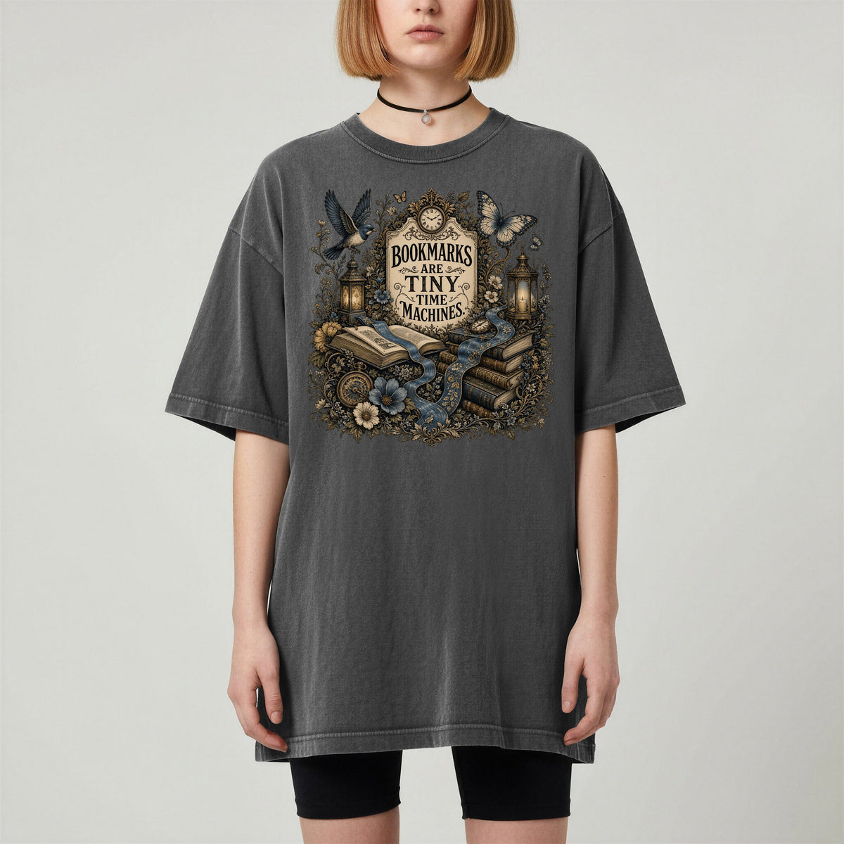 Bookmarks Are Tiny Time Machines bookish tee in Pepper, worn