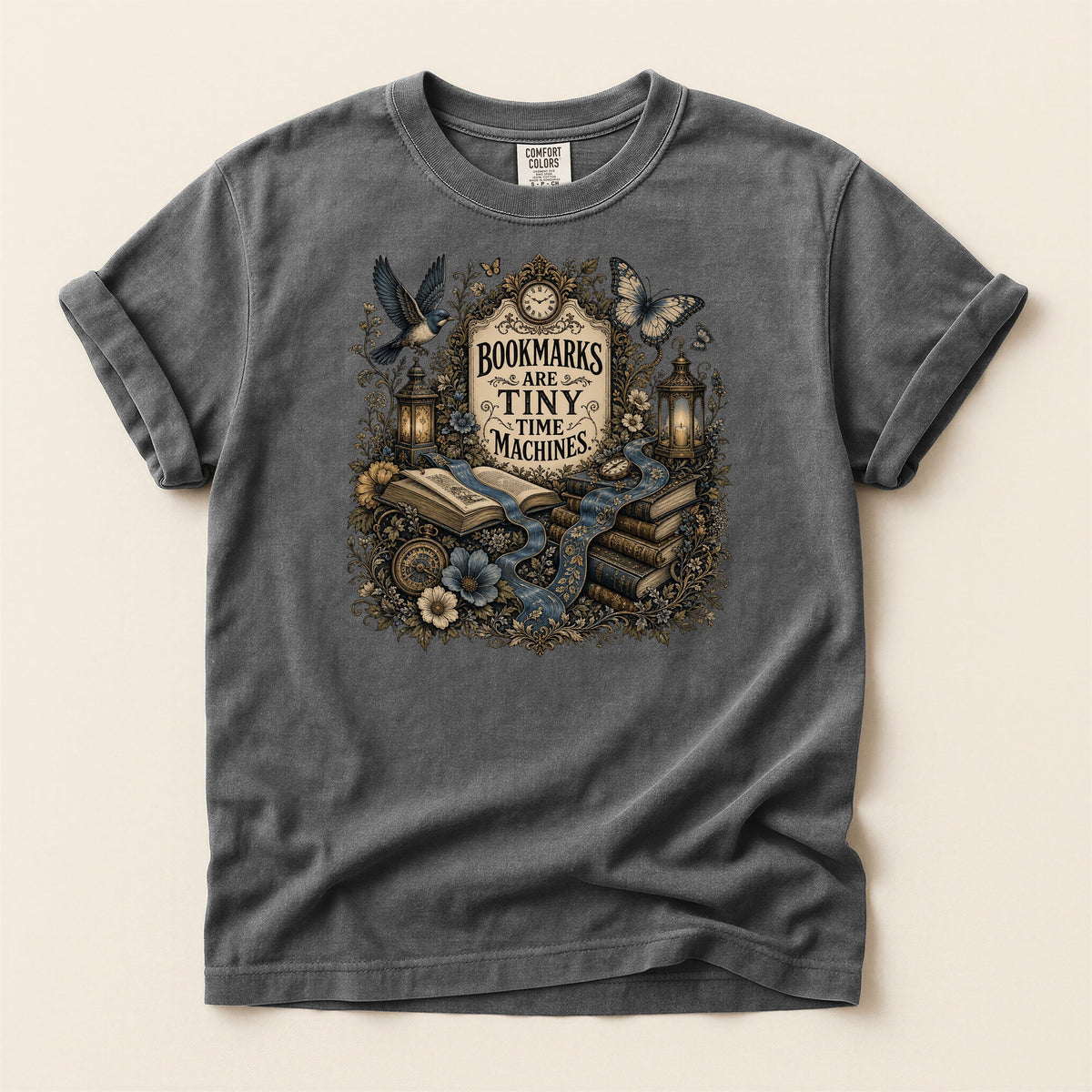 Bookmarks Are Tiny Time Machines bookish tee in Pepper, full flat
