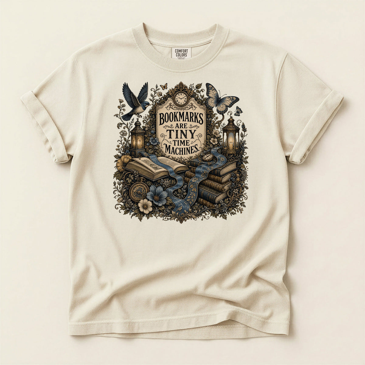 Bookmarks Are Tiny Time Machines bookish tee in Ivory, full flat