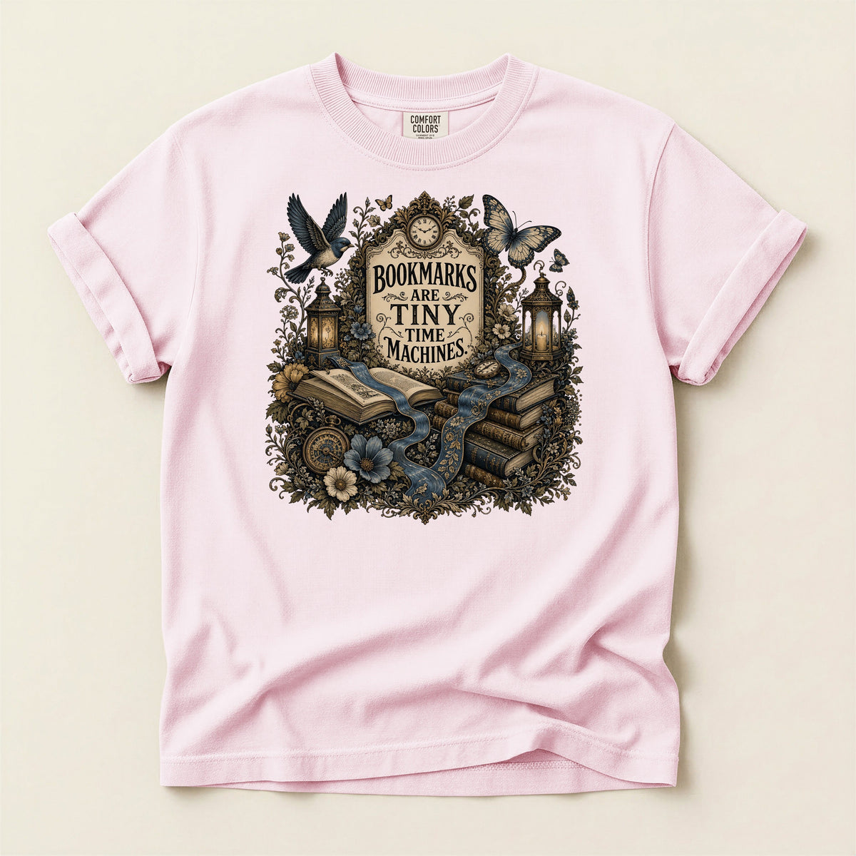 Bookmarks Are Tiny Time Machines bookish tee in Blossom, full flat