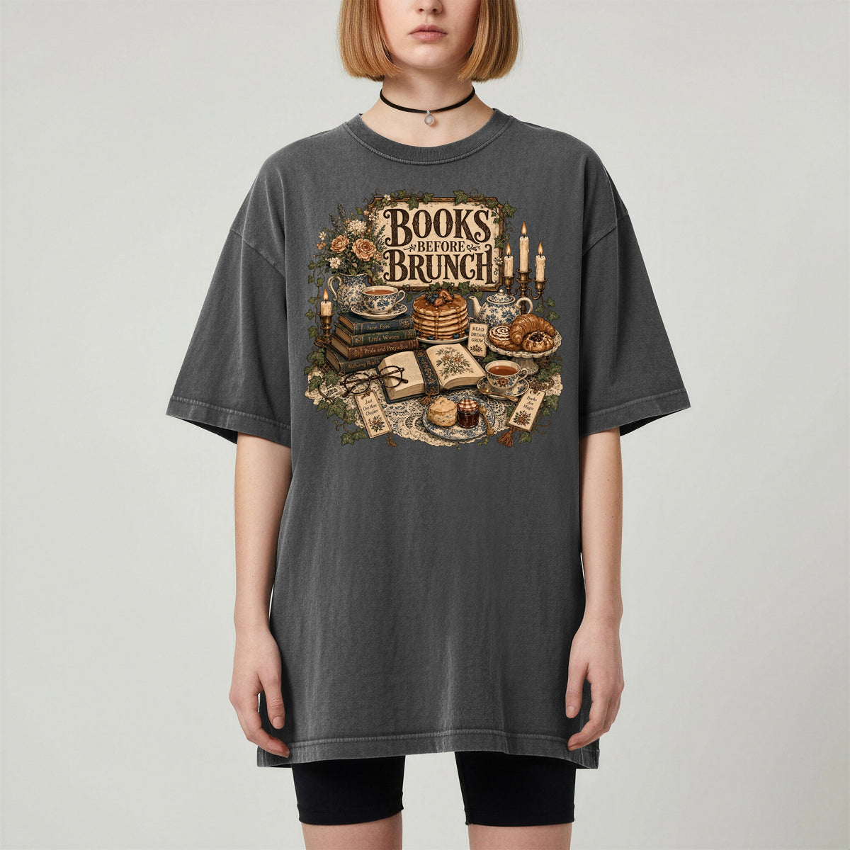 Books Before Brunch bookish tee in Pepper, worn
