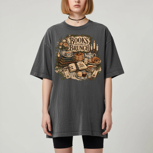 Books Before Brunch bookish tee in Pepper, worn