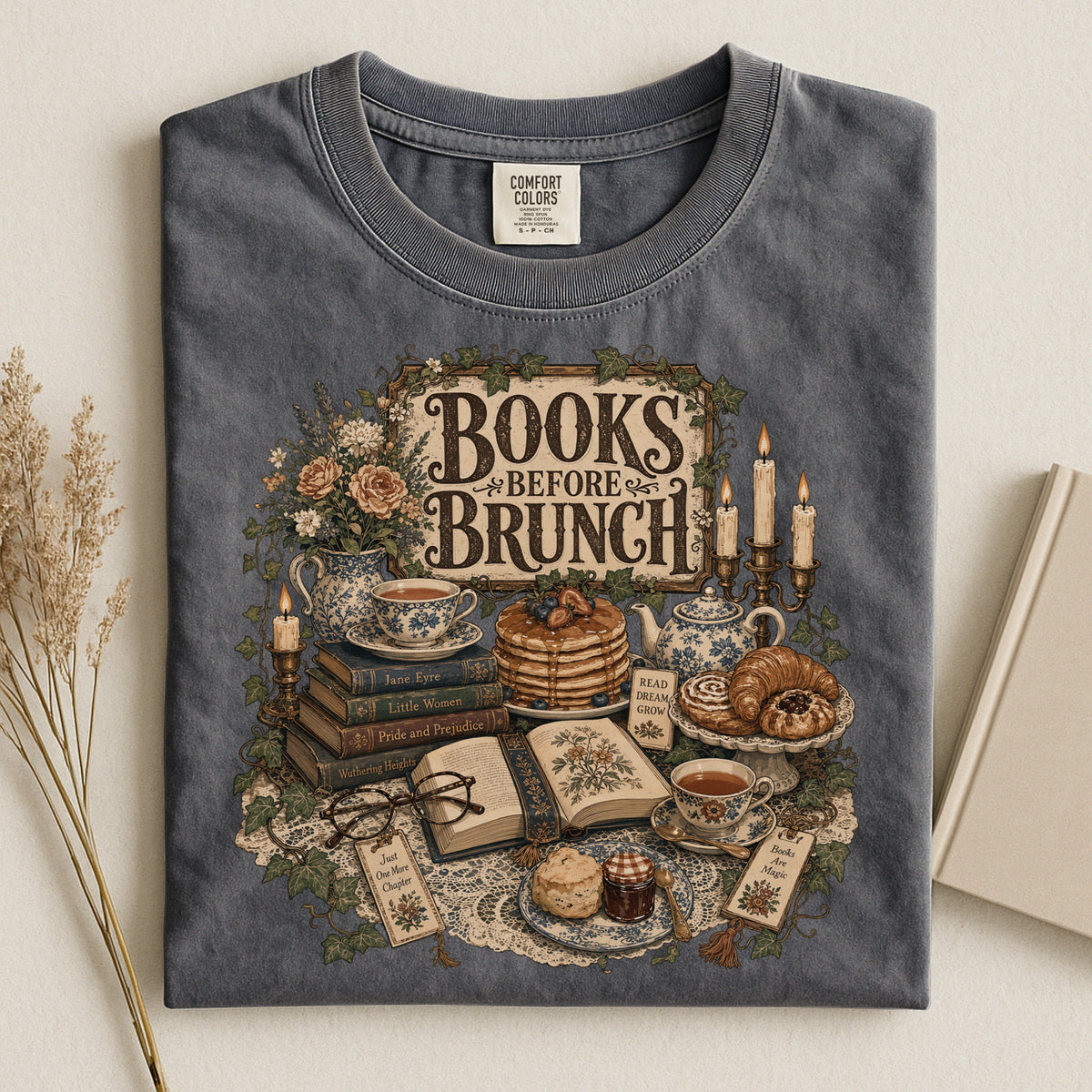 Books Before Brunch bookish tee in Pepper, flat lay